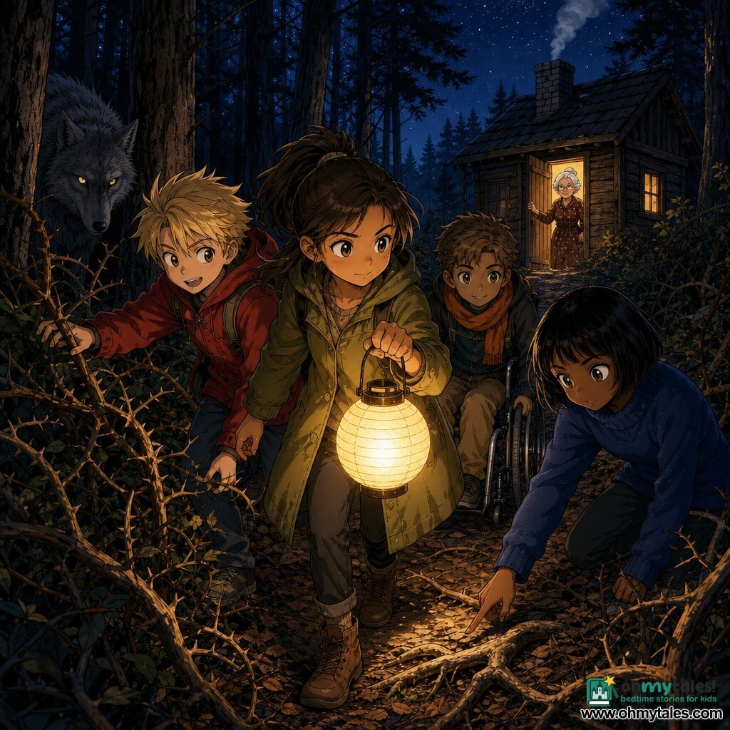 Six characters: Mara, ~10, brown hair in a ponytail, olive coat, holding a small round lantern casting warm yellow light, center front; Jory, ~11, messy blond hair, big smile, red jacket, brushing branches left of Mara; Lin, ~10, short black hair, calm, blue sweater, pointing at a root to Mara's right; Oren, ~10, light brown hair, in a wheelchair with an orange scarf, hands on the wheels just behind Mara to her right; Grandmother Hazel, ~70, white hair in a bun, brown polka-dot dress, sharp eyes, standing in a doorway of a low wooden cottage at the forest edge holding the door open; the Big Bad Wolf: large, gray scruffy fur, glowing yellow eyes, half-hidden in the trees at the left background on the edge of the lantern's halo, muzzle turned toward the children. Scene: nighttime forest edge with brown leaves and exposed roots, tall dark pines, a narrow brambly path, cottage smoke from a chimney, warm lantern light contrasting with deep blue sky and cold shadows; composition shows the four children advancing together, lantern light on their faces, the wolf watching menacingly from darkness and the grandmother opening her door behind them, mood cautious and united.