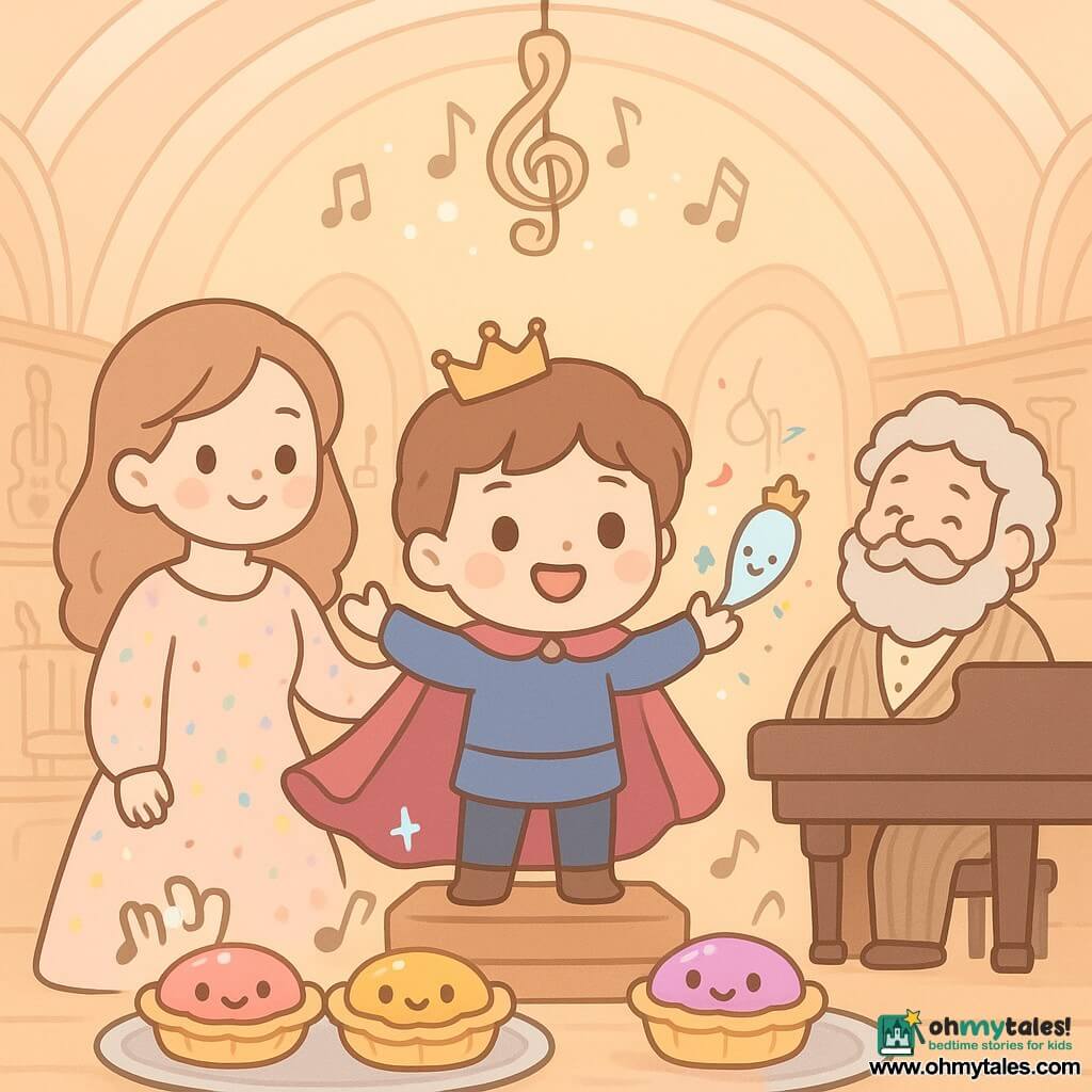 Prince Juniper (boy), round face and big bright eyes, enthusiastic but shy, wearing a blue-raspberry cape that flows like a wave, stands on a small wooden podium raising his arms to conduct; Queen Mirthalina (adult woman) in a pastel confetti-patterned dress smiles gently at the prince with a hand on his shoulder; Maestro Noodlewick (elderly man) with a full curly beard and striped suit nods proudly behind a grand piano to the right; a tiny crowned quill floats near the prince’s shoulder sprinkling small colorful sparks; three anthropomorphic shiny jellytarts with round eyes and laughing mouths sit on a silver tray in the foreground being gently tickled by musical notes shown as small translucent hands; the scene is the Shell Hall of Harmonies, an interior like a giant shell with polished wood, a glass-note chandelier, simple pastel-colored instruments, and a warm, pastel, kawaii-lite atmosphere as the prince conducts a playful “tickling orchestra” to make the jellytarts laugh before they are eaten.