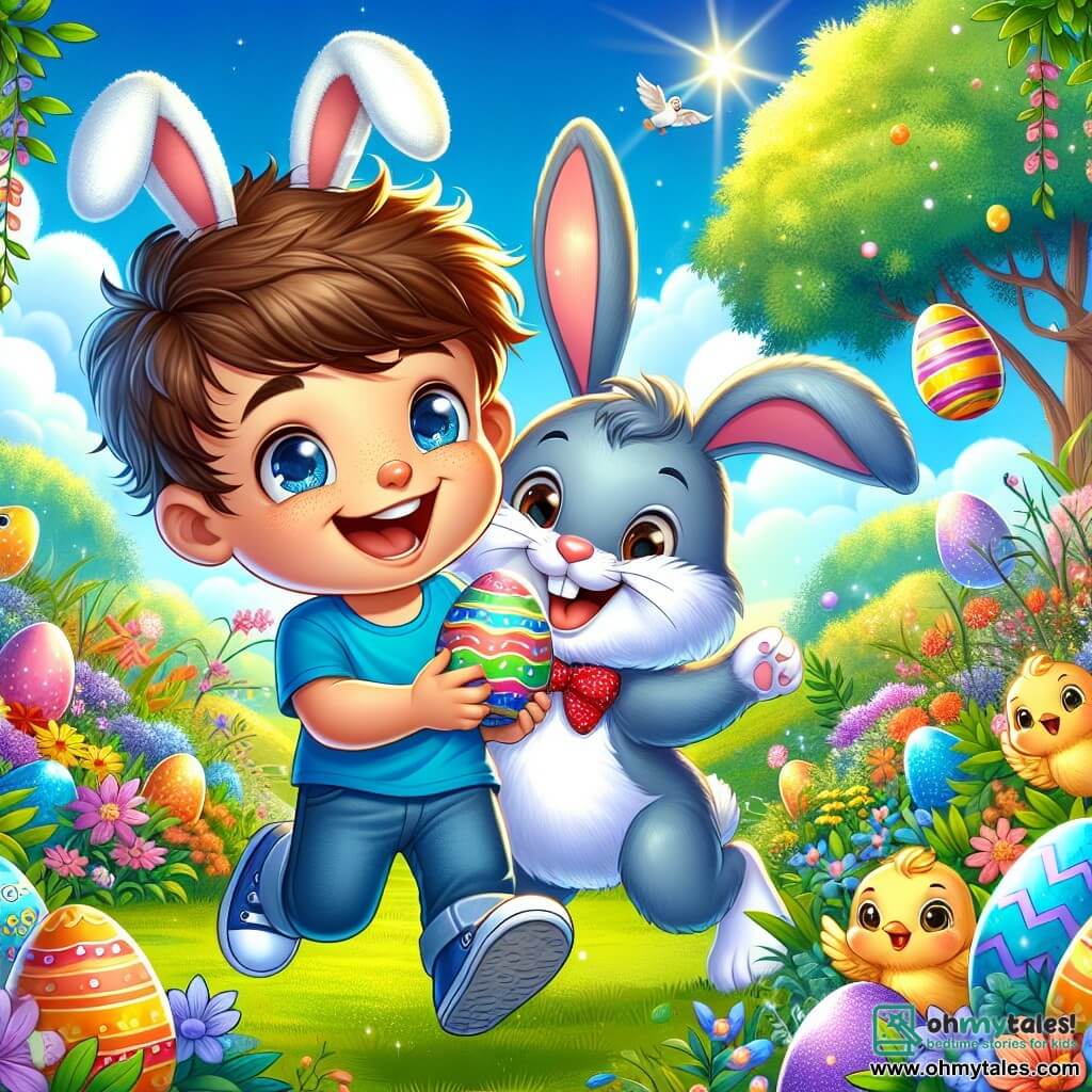 A 6-year-old boy, Max, with messy brown hair and a big smile, is wearing a blue shirt and felt bunny ears. He is jumping for joy, holding a colorful Easter egg, his eyes sparkling with excitement. Next to him, Benny, the Easter bunny, is an adorable character with soft, shiny fur, round friendly eyes, and a little bow tie, smiling while showing a giant brightly colored egg. The setting is an enchanting garden filled with vibrant flowers, lush bushes, and majestic trees. Multicolored Easter eggs are hidden among the flowers, and a gentle sun shines in a clear blue sky. The main scene shows Max and Benny discovering a giant Easter egg together, surrounded by dancing chicks that add a touch of magic to the joyful atmosphere of this egg hunt.