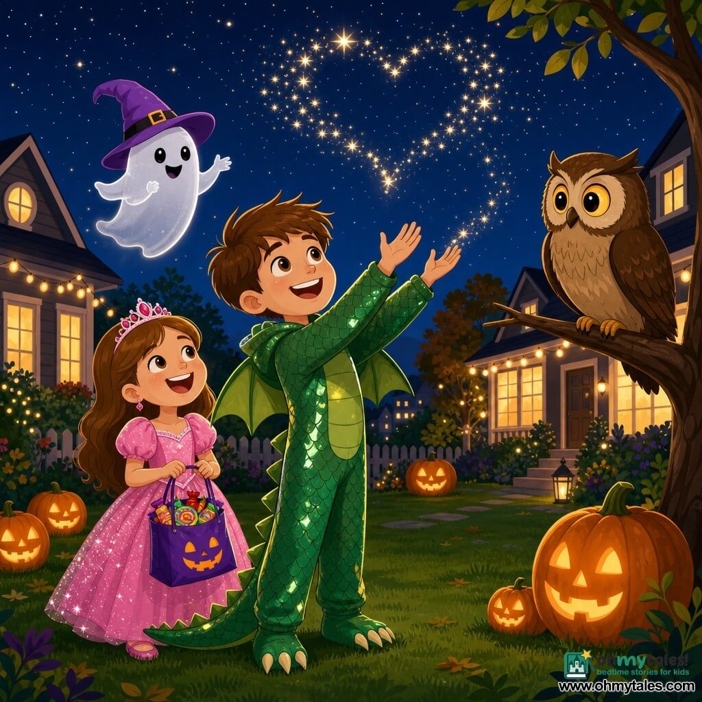 A 10-year-old boy with a round face and short brown hair, smiling in a shiny green dragon costume with scales and a tail, raises his arms toward the stars as sparkling letters form a kind message above; his ~7-year-old sister stands to his left laughing in a pink princess dress and holding a candy bag, a friendly translucent white ghost with a purple witch hat floats at shoulder height above him, and a large brown owl with bright yellow eyes perches on a branch in the right foreground in a cozy nighttime neighborhood garden with carved pumpkins and string lights.