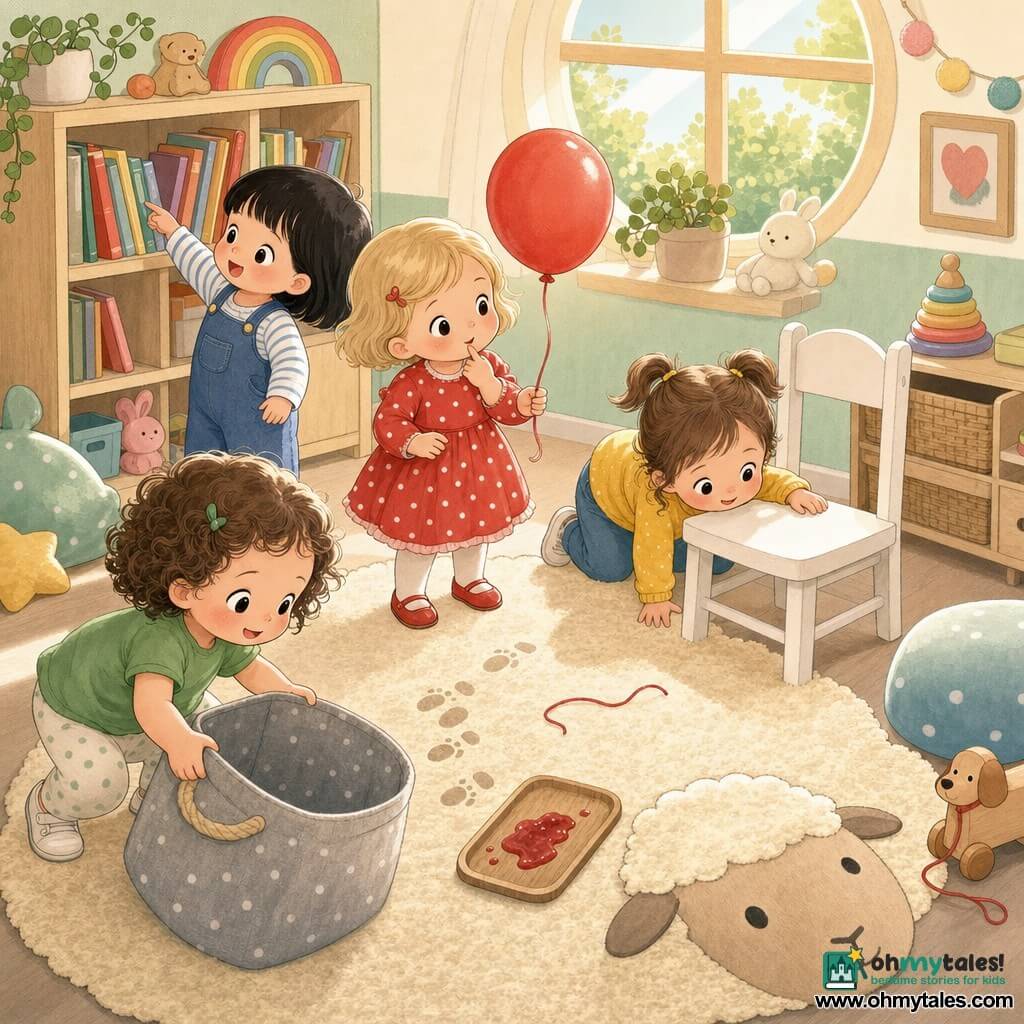 Four nearly two-year-old girls—Mia (short blond hair, red polka-dot dress, holding a small red ball), Bea (brown pigtails, yellow sweater, kneeling and looking under a chair), Lia (straight black hair, blue overalls, pointing at a shelf) and Zoe (curly chestnut hair, green t-shirt, gently lifting a fabric basket)—are in a bright playroom with a beige sheepskin rug, a light wood bookshelf of colorful books, a white chair, a gray toy basket and a round window letting in soft morning light; the four little detectives are cheerfully searching for a missing red ball, following clues like tiny footprints, a red thread and a jam stain on a tray, in a calm, pastel-colored scene centered on the rug and basket.