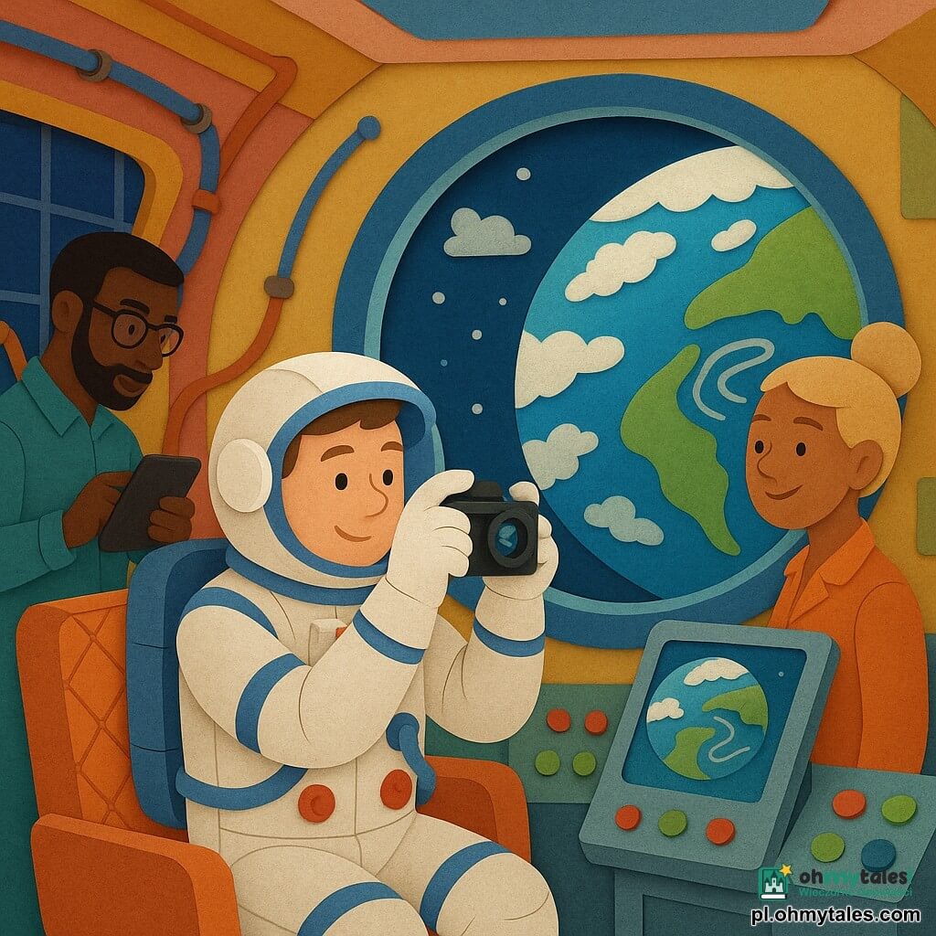 Astronauta około 30 lat, okrągła twarz, krótkie brązowe włosy pod wizjerem, skupiony i zachwycony, w białym skafandrze z niebieskimi pasami fotografuje przez okrągły właz kapsuły; w tle po prawej uśmiechnięta inżynierka ~35 lat z blond kokiem przy panelu kontrolnym ogląda ekran z obrazami, po lewej młody technik ~28 lat w okularach i z zarysowaną brodą reguluje kabel przy panelu słonecznym; wnętrze kapsuły w stylu papierowego kolażu, kolorowe, proste kształty, czerwone i zielone przyciski, pikowane fotele, stylizowane kable; przez okno widać pół Ziemi: głęboki błękit oceanu, białe chmury i zielononiebieskie jezioro z srebrzystymi smugami — tajemnicze wzory fotografowane przez astronautę; scena spokojna, świetlista, kontrastowe sylwetki, żywe kolory i proste cienie, klimat dziecięco-poetycki.