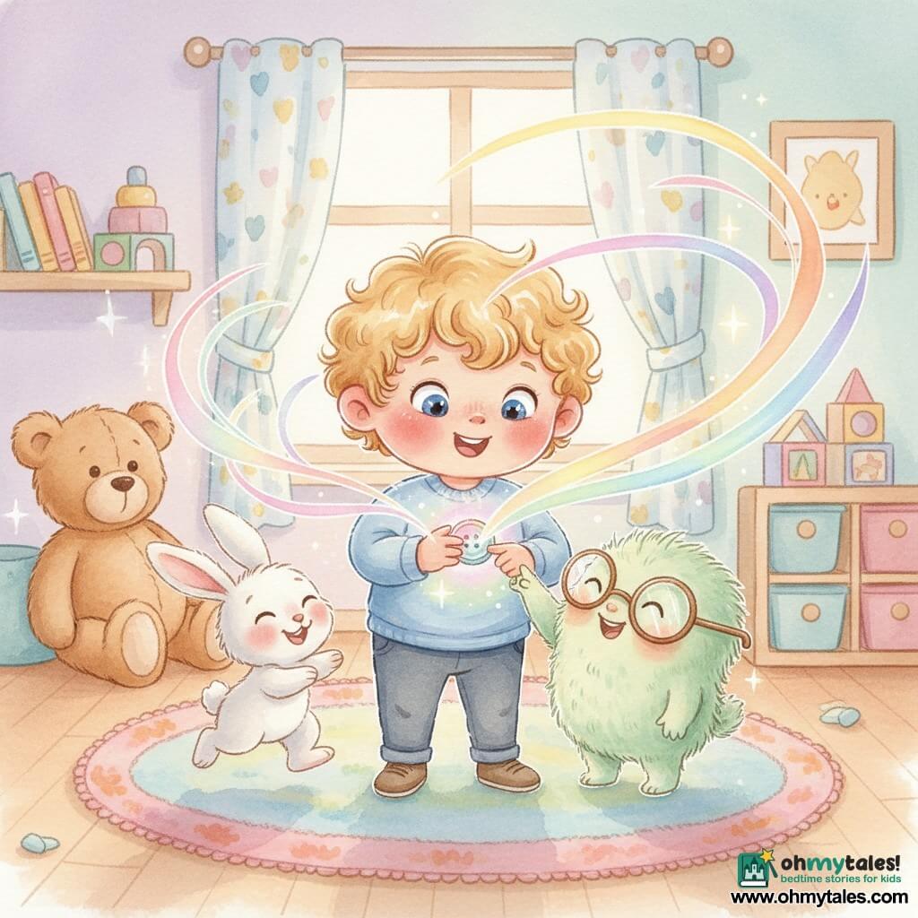 A 2-year-old blond curly-haired boy, wide-eyed and smiling, holds a small shiny button and watches its color; to his right stands Wobble, a small furry light-green creature with big round glasses who presses the button to produce a dancing rainbow; to his left hops Lila, a small white rabbit with floppy ears and a pink nose; they're in a sunny bedroom with a colorful soft rug, a large teddy bear, wooden shelves with books and toys, pastel walls and a fluttering curtain; a luminous, flowing rainbow emerges from the button with swirling ribbons of color around the characters, creating a tender, playful atmosphere.