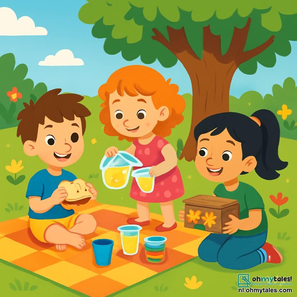 Er zijn 3 personages: Sam, een 7-jarig jongetje met rommelig bruin haar, in een blauwe t-shirt en gele korte broek, zittend op een picknickdeken met een glimlach en een sandwich. Tess, een 6-jarig meisje met krullend rood haar in een roze bloemenjurk, staat naast Sam en schenkt limonade in een kleurrijk bekertje. Mila, een 7-jarig meisje met zwart haar in een paardenstaart, in een groene t-shirt en spijkerbroek, zit bij een grote boom met een versierde houten doos, klaar om deze aan haar mama te tonen. De setting is een zonnige tuin vol kleurrijke bloemen en weelderig groen, met een grote boom in het midden. De kinderen bereiden een verrassing voor hun mama voor, met blije glimlachen en een feestelijke sfeer, omringd door heerlijke snacks en een mooie houten doos met een waardevolle verrassing.