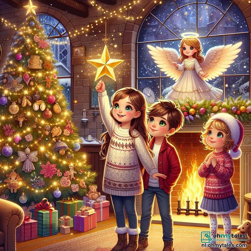 In een gezellige woonkamer, versierd voor Kerstmis, zijn drie kinderen samengekomen. Lotte, een 12-jarig meisje met lang bruin haar en sprankelende ogen, staat in het midden, glimlachend en met een grote gouden ster in haar hand. Rechts van haar kijkt Max, een 12-jarige jongen met een rommelige blonde haardos en een rode trui, met verwondering naar de ster. Links wijst Sofie, een 11-jarig meisje met lichtbruine krullen en een kerstmuts, naar een mooie engelversiering die boven de open haard hangt. De kamer is gevuld met zacht licht, met een grote stenen open haard waar vlammen vrolijk dansen. Een majestueuze kerstboom, versierd met glinsterende slingers en kleurrijke ballen, staat in een hoek, terwijl prachtig ingepakte cadeaus verspreid liggen. Buiten vallen er zachtjes sneeuwvlokken, wat een betoverende sfeer creëert. De kinderen zijn op zoek naar de magie van Kerstmis, omringd door glinsterende versieringen, terwijl ze een stralende ster ontdekken die de geest van Kerstmis vertegenwoordigt.