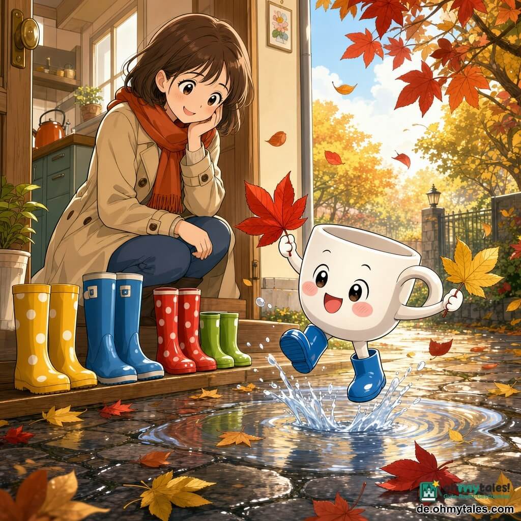Eine kleine anthropomorphe weiße Tasse mit rundem lächelnden Gesicht, breitem Henkel-Arm, glänzenden Augen, rosigen Wangen und blauen Gummistiefeln springt fröhlich in einer Pfütze und hält ein rotes und ein gelbes Blatt; eine warm lächelnde Mutter in beigem Mantel und orangefarbener Schals kniet nahe der Haustür und blickt liebevoll auf die Tasse; mehrere saubere, bunte Gummistiefel liegen nebeneinander; Szene am Küchenschwellen zum herbstlichen Garten bei goldenem Morgenlicht auf nassen Kopfsteinpflaster mit verstreuten roten, gelben und braunen Blättern, tiefen Ästen und leicht bewölktem Himmel, heitere ruhige Herbststimmung im einfachen Manga-Stil mit runden Formen und leuchtenden Farben.