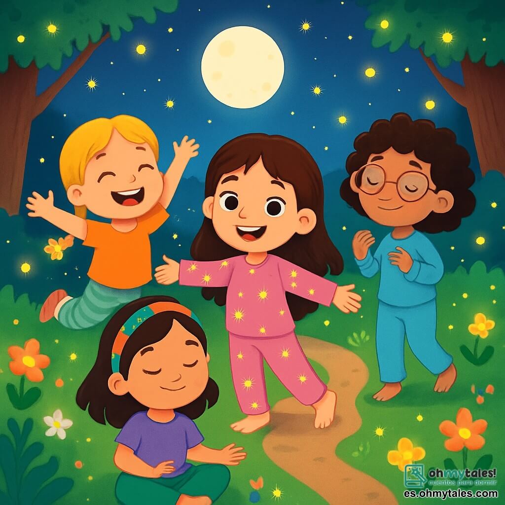 Hay 4 niños: - Lucía: una niña de 7 años, con cabello largo y castaño y ojos brillantes. Lleva un pijama rosa con estrellas y se encuentra en el centro, con los brazos abiertos, como si invitara a sus amigas a bailar. - Martina: una niña de 7 años, con trenzas rubias y una sonrisa radiante. Está ligeramente a la izquierda de Lucía, saltando alegremente con una mano levantada hacia el cielo. - Sofía: una niña de 7 años, con cabello rizado y gafas redondas. Está a la derecha de Lucía, haciendo un gesto suave con las manos, como si acariciara el aire a su alrededor. - Alma: una niña de 7 años, con cabello negro y una diadema colorida. Está ligeramente detrás, sentada en la hierba, con los ojos cerrados, respirando profundamente y una sonrisa serena en el rostro. El lugar es un sendero mágico, bordeado de praderas verdes y flores luminosas. La luna brilla intensamente en un cielo estrellado, iluminando miles de luciérnagas que bailan alrededor de los niños, creando un ambiente de ensueño. La hierba es suave y esponjosa, y majestuosos árboles se alzan a cada lado, con sus hojas brillando bajo la luz de la luna. La situación principal muestra a los niños bailando y respirando tranquilamente, rodeados de luciérnagas brillantes, compartiendo un momento de paz y felicidad, con gestos suaves y sonrisas radiantes, en una atmósfera de serenidad y magia nocturna.