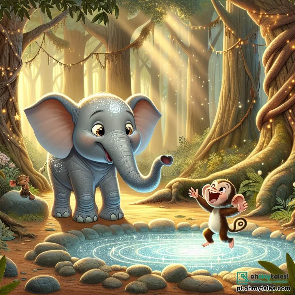 Um jovem elefante chamado Elo, com grandes orelhas e uma tromba expressiva, está no centro da cena, com os olhos brilhando de curiosidade e excitação. Seu corpo é de um cinza suave, e ele tem pequenas manchas brancas nas costas que brilham sob o sol. Ao lado dele, um pequeno macaco chamado Tico, com pelagem marrom e olhos travessos, balança alegremente de um galho para o outro, rindo e gesticulando, enquanto admira Elo. A cena acontece no coração de uma floresta encantada, onde grandes árvores de troncos retorcidos se erguem em direção ao céu, e raios de sol filtram através das folhas, criando padrões de luz dançantes no chão. No centro, uma pequena fonte jorra, cercada por pedras antigas, cuja água clara brilha como estrelas. Elo e Tico descobrem a fonte misteriosa, ouvindo atentamente os sussurros do vento que trazem histórias antigas, enquanto uma leve brisa faz as folhas dançarem ao redor deles, adicionando um toque de magia à atmosfera.