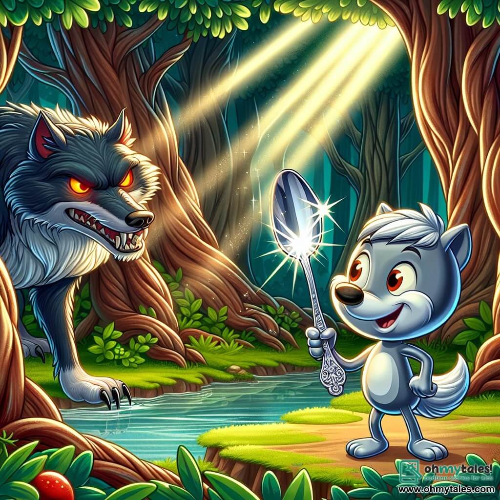 Fergus, a small silver spoon, shines in the sunlight with a delicately engraved handle, displaying an expression of determination and courage. He stands at the edge of a sparkling pond, ready to confront the Big Bad Wolf. The Big Bad Wolf, with his dark fur and burning eyes, faces Fergus, looking surprised and a bit scared, his teeth bared, but his hesitant demeanor reveals his fear. Surrounding them, the forest is dense and mysterious, with gnarled tree trunks and vibrant green leaves, while beams of light pierce through the foliage, illuminating the scene with a magical glow. In this main situation, Fergus uses his silver shine to reflect sunlight, dazzling the wolf and forcing him to retreat, while the forest animals, hidden behind the bushes, watch with hope and admiration.