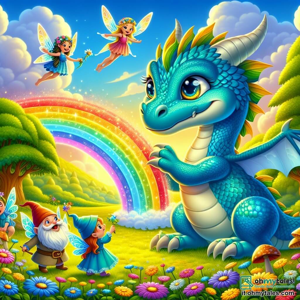 Un piccolo drago dalle squame blu scintillanti, con grandi occhi curiosi e un sorriso caloroso, sta creando un magnifico arcobaleno nel cielo soffiando delicatamente. Si trova su una collina verde, circondato da fiori colorati che danzano al vento. Un gruppo di fate con ali traslucide e scintillanti, vestite di petali di fiori, vola gioiosamente intorno al drago, ridendo e applaudendo al suo talento. Un piccolo gnomo con barba bianca e cappello a punta, vestito di abiti colorati, osserva con un sorriso complice, tenendo una piccola pala di legno. Il luogo è una valle incantata, illuminata da una luce dorata, con alberi maestosi e un cielo blu chiaro. La scena principale mostra il drago che, con entusiasmo, usa il suo soffio magico per creare un arcobaleno splendente, mentre le fate e lo gnomo lo incoraggiano, celebrando la bellezza della diversità e dell'amicizia.