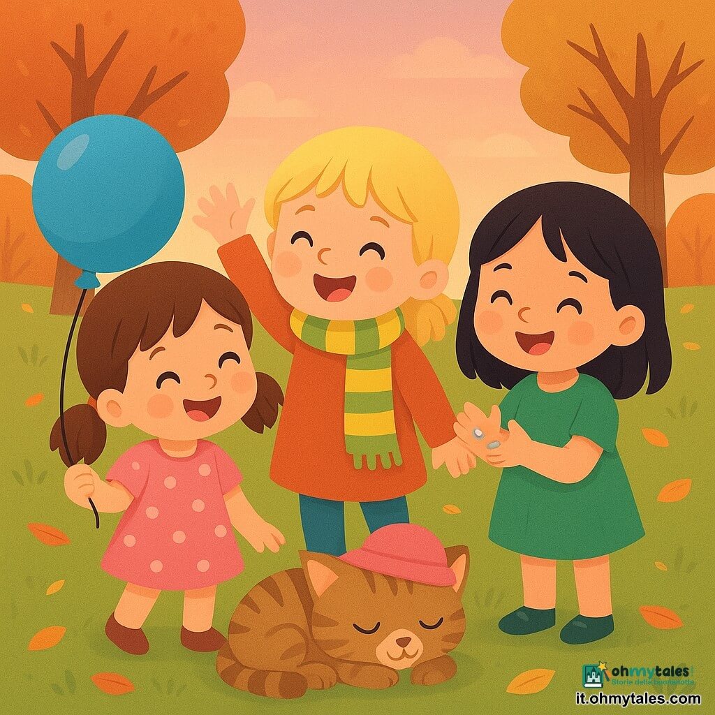 Quattro personaggi: Anna, bambina di 4 anni, capelli castani a coppie, vestito rosa a pois, tiene un grande pallone blu a sinistra e ride; Mia, bambina di 4 anni, capelli biondi corti, sciarpa lunga a righe gialle e verdi, al centro fa il capotreno alzando la mano; Zoe, bambina di 4 anni, capelli neri lisci, vestito verde, a destra tiene tre piccoli sassi lucenti nel palmo e batte le mani; il gatto tigrato con occhi verdi dorme con un cappellino rosa ai piedi delle bambine con il pallone che poggia dolcemente sulla sua testa. Ambientazione: giardino nel tardo pomeriggio, prato verde, foglie autunnali arancioni e gialle, alberi sullo sfondo, cielo pastello salmone-lavanda, luce calda e soffusa. Situazione: le tre bambine giocano formando un trenino gioioso con espressioni ridenti e gesti arrotondati; scena tenera e comica; palette di colori vivaci ma tenui, contorni netti e forme rotonde in stile vettoriale infantile.