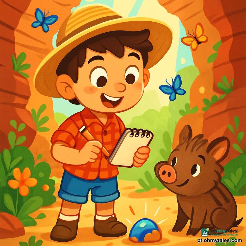 Um menino chamado João, com cerca de 10 anos, está no centro da imagem. Ele usa um chapéu de palha largo, uma camisa xadrez vermelha e um short de jeans. Seu rosto expressa curiosidade e admiração, com grandes olhos brilhantes e um sorriso entusiasmado. Ele segura um pequeno caderno em uma mão e um lápis na outra, pronto para desenhar suas descobertas. Ao lado dele, um travesso porquinho selvagem, de pelos marrons e olhos travessos, observa João com curiosidade. O cenário é um antigo cânion com paredes de pedra vermelha e dourada, onde crescem plantas verdes e flores coloridas entre as fendas. A luz do sol filtra pelas paredes, criando sombras dançantes no chão. Borboletas multicoloridas voam ao redor, adicionando um toque de magia ao ambiente. A cena principal mostra João descobrindo uma pedra brilhante, azul e dourada, que brilha ao sol. Ele está maravilhado com sua beleza, inclinando-se levemente para frente, pronto para explorá-la enquanto respeita a natureza ao seu redor.