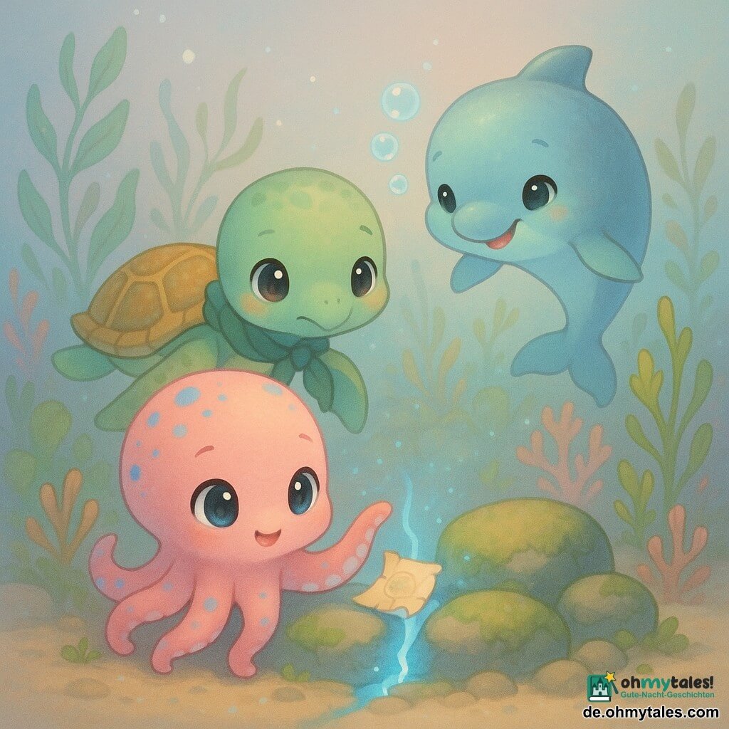 Kora, ein neugieriger, entschlossener Chibi-Oktopus in blassem Korallenrot mit blauen Punkten und großen glänzenden Augen, reicht einen Tentakel zu einem leuchtenden Riss und hält eine kleine Perlenkarte; Milo, eine ruhige, leicht zögerliche Chibi-Meeresschildkröte mit grüner Schale und goldenen Mustern und einer Algenfahne, schwebt dahinter und beobachtet; Luma, ein spielerischer, beruhigender Chibi-Delfin in perlgrau mit türkisfarbenen Schimmern, pustet leise Blasen und lächelt; Szene: ein unterwasser Garten mit wiegenden Algen, Korallen und moosbewachsenen Felsen, aus einem Spalt zwischen Steinen pulsiert blaues Licht, kleine leuchtende Partikel schweben, die drei Freunde sind erstaunt und vorsichtig, pastellige, romantisch-magische Beleuchtung, Komposition zentriert auf den leuchtenden Riss und die ausdrucksstarken Gesichter.