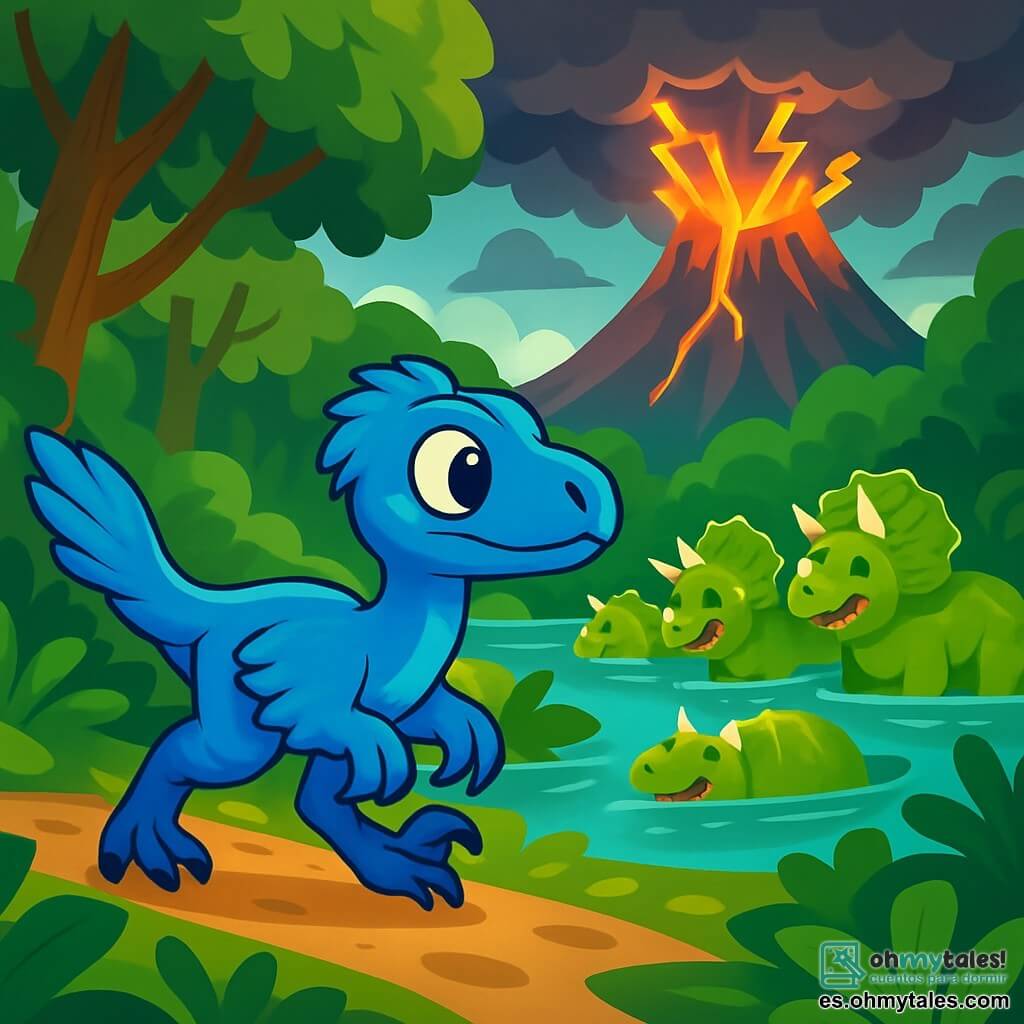 Un velociraptor de plumas azules brillantes y ojos chispeantes de curiosidad corre ágilmente en un denso bosque. Sus garras rozan el suelo cubierto de hojas verdes y brillantes, mientras observa a su alrededor con una expresión decidida. Cerca, un grupo de triceratops de grandes cuernos y piel verde, alegres e despreocupados, se baña en un lago brillante, sus escamas relucen bajo la luz suave del sol. Al fondo, un majestuoso volcán se alza, rodeado de nubes oscuras y amenazantes, mientras destellos de luz brotan de su cima. La escena irradia una atmósfera de aventura y misterio, mientras Rila, el velociraptor, se prepara para descubrir un camino hacia un aliado legendario.