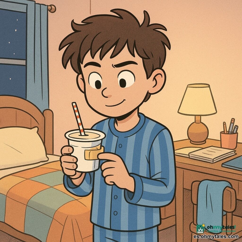 Un niño de 12 años, con el cabello castaño despeinado y vistiendo un pijama de rayas azules, está de pie en su habitación, con una expresión concentrada y ligeramente divertida. Sostiene una pequeña caja de yogur con una pajilla, rodeada de trozos de cinta adhesiva. La habitación es un espacio acogedor con paredes en tonos pastel, una cama con una colcha colorida y un escritorio desordenado con cuadernos y lápices. Una toalla azul está extendida sobre una silla al lado del escritorio. La escena ocurre de noche, con una luz suave que proviene de una lámpara de noche. El niño está resolviendo un problema, mirando la caja de yogur con una expresión traviesa, como si acabara de encontrar una solución ingeniosa.