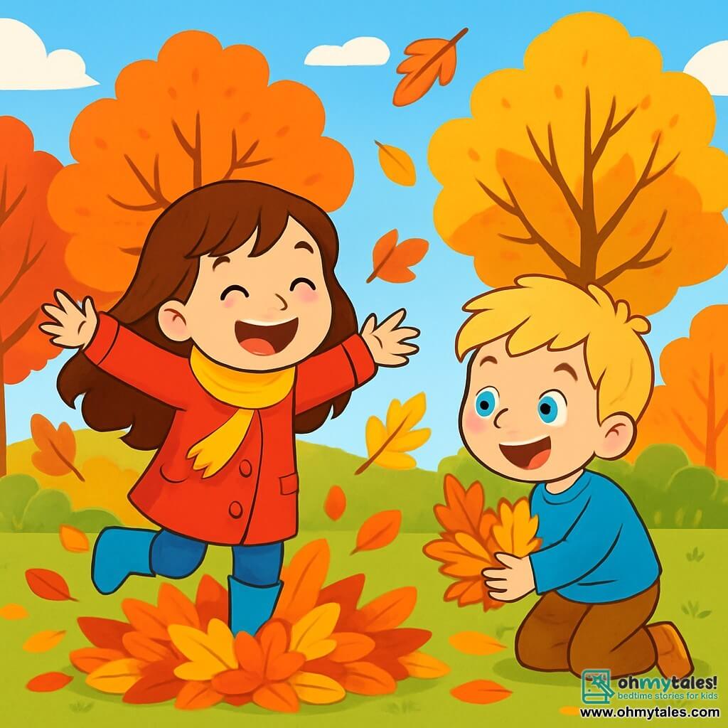 A 6-year-old girl named Mia, with long brown hair and sparkling eyes, wears a bright red coat, a yellow scarf, and blue boots. She is jumping into a pile of autumn leaves, arms spread wide, with a big smile on her face. Next to her, her friend Sam, a 6-year-old boy with blond hair and light eyes, enthusiastically collects colorful leaves, looking amazed. In the background, the park is filled with trees displaying vibrant red, orange, and yellow leaves, while the sky is a bright blue. The scene radiates a joyful and dynamic atmosphere, with leaves gently falling around them, creating a magical autumn ambiance.