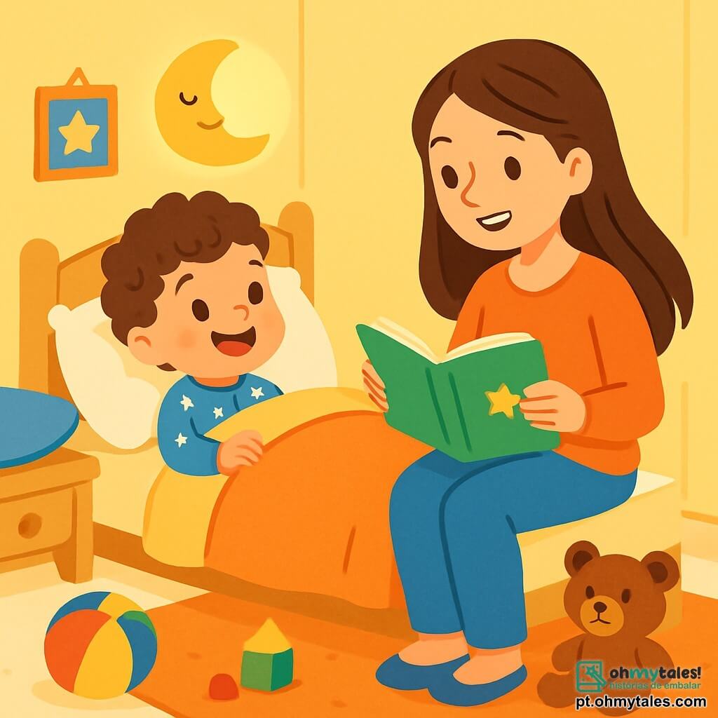 Um garotinho de 2 anos, com cabelos cacheados e olhos brilhantes, está deitado em sua cama aconchegante, com um grande sorriso no rosto, cheio de serenidade. Ele veste um pijama azul com estrelas brancas. Ao seu lado, sua mãe, uma mulher doce de cerca de 30 anos, com cabelos longos e castanhos, está sentada na beira da cama, lendo uma história para ele com uma expressão amorosa e tranquilizadora. O quarto é acolhedor, com paredes pintadas de amarelo pastel, almofadas macias e uma luz noturna em forma de lua que ilumina suavemente o ambiente. Um tapete macio está espalhado no chão, e brinquedos coloridos estão espalhados ao redor. Nessa cena, o garotinho escuta atentamente sua mãe, seus olhos brilhando de excitação enquanto se imagina em um mundo mágico. O momento principal mostra essa situação pacífica onde a criança se prepara para mergulhar em um sono doce e sonhador, cercada de calor e amor.
