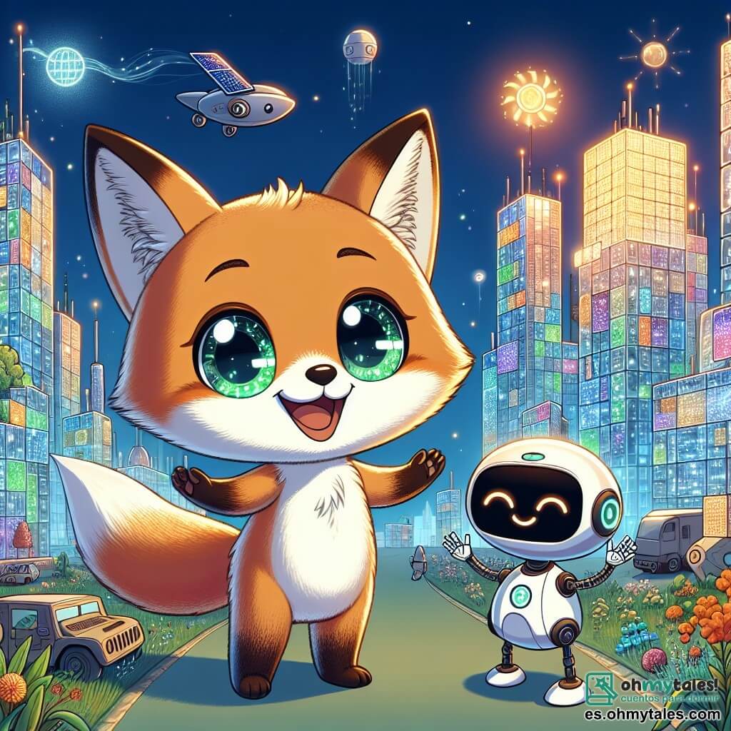 Un pequeño zorro de pelaje ámbar y ojos verdes brillantes de curiosidad se encuentra en el centro de una ciudad futurista, maravillado por los edificios de cristal que brillan bajo el sol. Observa con fascinación los paneles solares integrados en las paredes de los edificios, mientras una sonrisa alegre ilumina su rostro. A su lado, un pequeño robot de formas redondas y ojos brillantes, con una expresión amigable, lo anima con entusiasmo. Levanta una mano metálica para mostrar un holograma colorido que representa el mapa de la ciudad, listo para guiar a su nuevo amigo. El escenario es una ciudad futurista, donde los edificios se elevan como cristales gigantes, iluminados por luces brillantes y pantallas holográficas flotantes. Vehículos flotantes se deslizan silenciosamente por el aire, mientras jardines colgantes añaden un toque de verdor a este paisaje tecnológico. La situación principal muestra al pequeño zorro y al robot explorando juntos la ciudad, el zorro deslumbrado por las maravillas que lo rodean, listo para descubrir los secretos de este nuevo mundo.