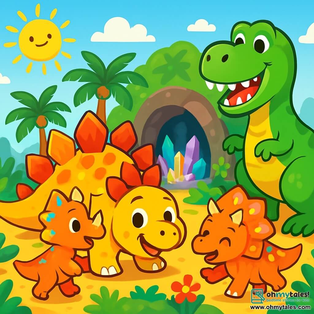 A stegosaurus named Spike, with shiny plates in red, orange, and yellow, joyfully stands in the middle of a sunny island, his round smiling face expressing excitement. Next to him, a small triceratops named Trixie, with three pointed horns and a colorful frill, dances around him, her eyes sparkling with joy. A large tyrannosaurus rex, Rex, with a big mouth and sharp teeth, stands a bit back, a friendly smile on his face, showing he feels accepted and happy. The island is filled with green palm trees, brightly colored flowers, and vibrant ferns shimmering in the sun. In the background, a mysterious cave with sparkling walls and colorful crystals softly shines. Spike, Trixie, and Rex are having fun together, exploring the magical island and discovering the beauty of their new environment.