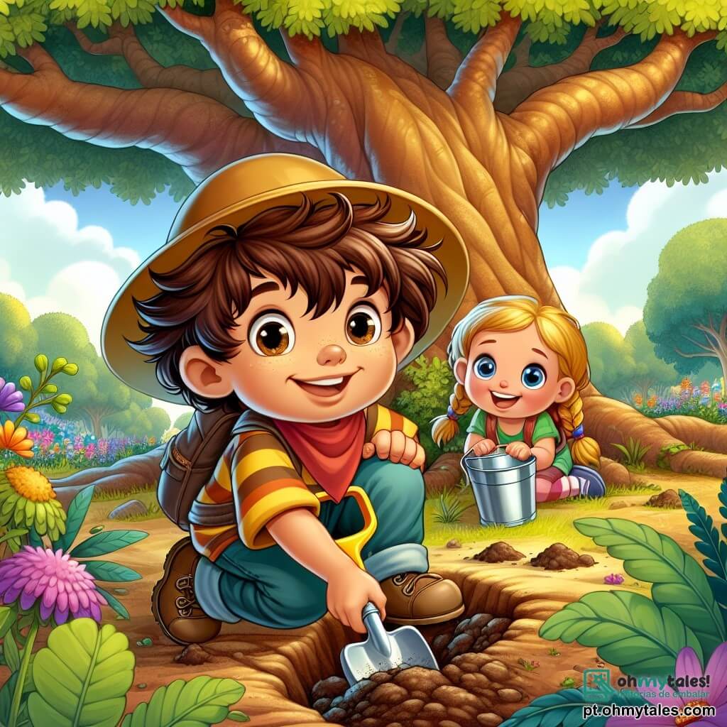 Um menino de 4 anos, chamado Tico, com cabelos castanhos bagunçados e olhos brilhantes de curiosidade, está agachado sob um grande carvalho. Ele usa um chapéu de explorador amarelo e uma camisa listrada colorida. Seu rosto expressa grande empolgação enquanto cava o chão com uma pequena pá de plástico, cercado de terra e folhas. Ao seu lado, sua melhor amiga Lila, uma menina de 4 anos com cabelos loiros trançados e olhos azuis, sorri alegremente. Ela segura um balde de plástico e olha para Tico com entusiasmo, pronta para ajudá-lo em sua busca. O cenário é um jardim verdejante, repleto de flores coloridas e árvores majestosas, com o sol brilhando em um céu azul claro. Na cena, Tico e Lila estão em uma aventura, procurando um tesouro escondido sob o carvalho, cercados de risadas e a promessa de uma descoberta mágica.