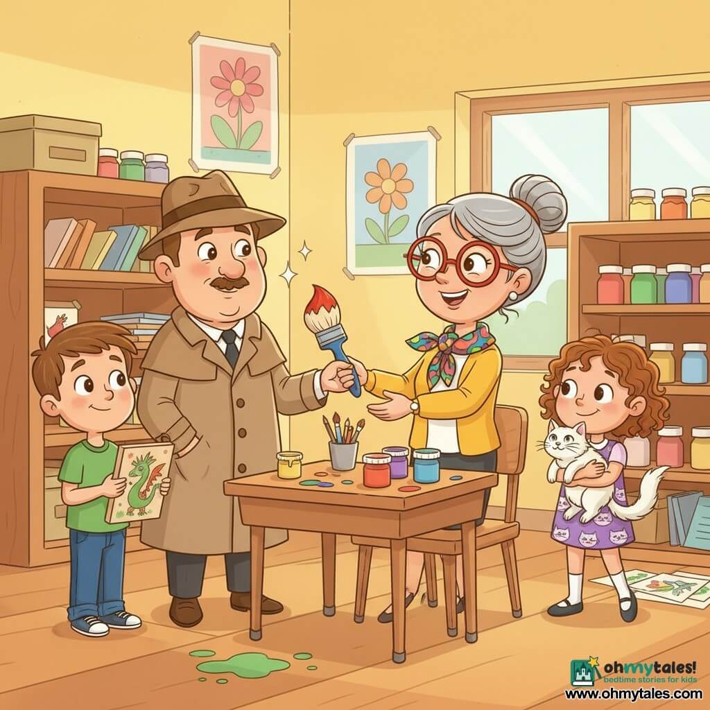 A forty-year-old detective with a round face, thin mustache, light brown trench coat and felt hat, smiling kindly with sparkling eyes, hands a large blue-handled paintbrush to a relieved female teacher with grey hair in a bun, bright red round glasses and a colorful scarf; nearby a shy-proud boy (Benji, ~9) in a green T-shirt and jeans holds a small dragon painting, and a happy, slightly embarrassed girl (Lily, ~8) in a cat-patterned dress holds a white cat named Marshmallow; the scene is a bright school art room with yellow walls, flower posters, wooden shelves of paint pots, green paint splatters on the floor and an open cupboard with scattered paper and brushes—warm, clear light, vivid colors, friendly expressions, and an atmosphere of success and cooperation.