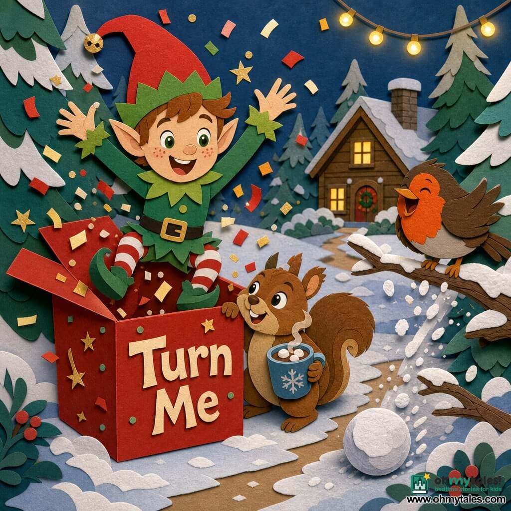 A mischievous, joyful little Christmas elf with a playful collar and red pointed hat pops out of a shiny red box labeled "Turn Me," confetti and glitter flying, while Nutmeg, a fluffy brown squirrel with a bushy tail, stands with a paw on the box holding a steaming cup of hot chocolate and Robin, a round orange-bellied robin, perches on a low branch shaking snow into a small rolling snowball; the scene is a snowy forest path with snow-covered pines, yellow string lights, a small wooden chalet with a lit window, and layered paper-cut textures with soft shadows, capturing the collective joyful surprise.