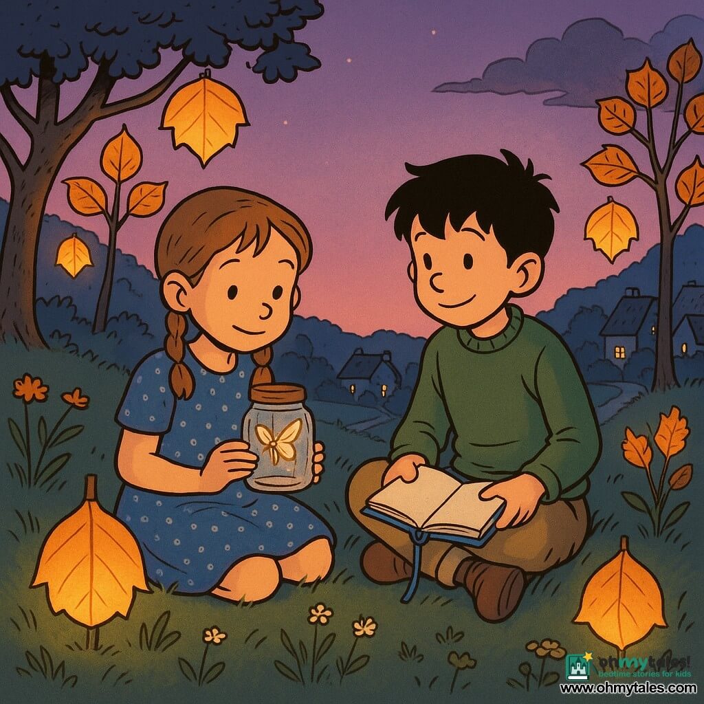 Two children, about nine: Lila, light brown braided hair, simple blue-dotted dress, sitting left on a grassy hill holding a small glass jar with a glowing moth, slightly open to let out sparks; Sam, tousled black hair, canvas trousers and green sweater, sitting right, smiling at Lila with a ribbon-bound notebook labeled "Questions" on his lap. Setting: a small grassy hill at dusk with soft grass and wildflowers, paper-leaf lantern trees casting a warm yellow-orange glow, slate-roof cottages in the distance, a pink-purple gradient sky and a stone path to the village. Scene: they sit side by side, lit by several glowing leaves, calm curious expressions, gentle magical atmosphere, mid-shot composition, warm colors, clear drawn textures and slightly rounded contours in an accessible Franco-Belgian style.