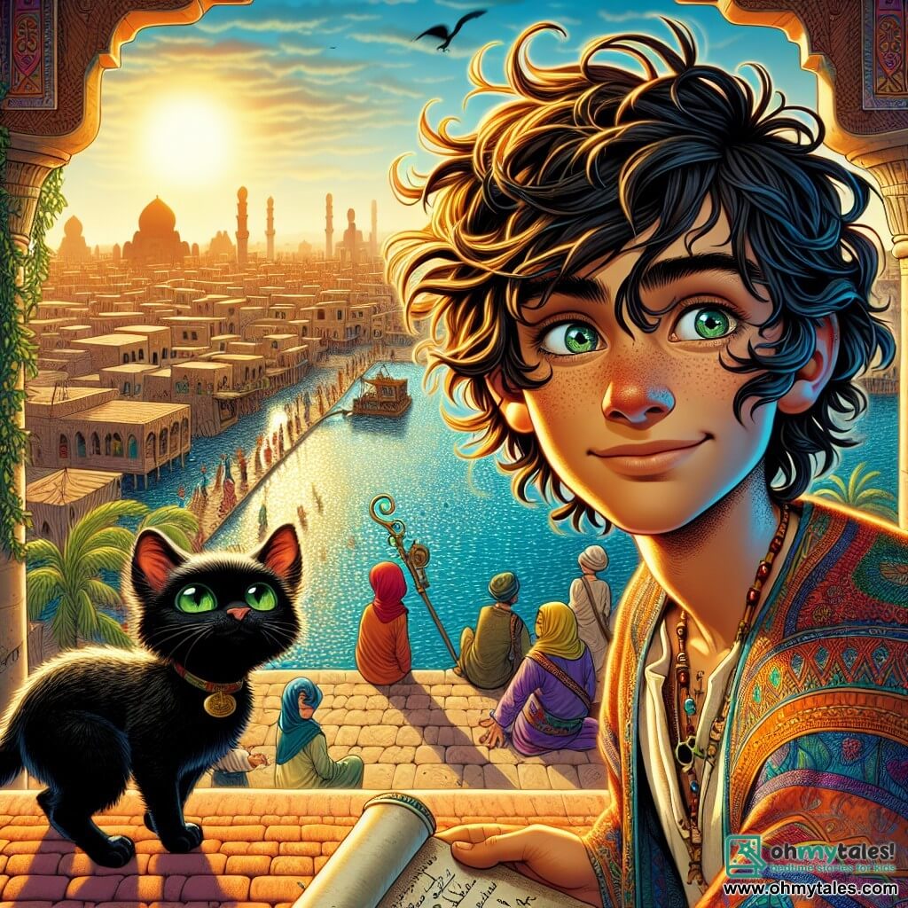 Tarek, a young man with curly, messy hair, wears a colorful tunic that shines in the sun. His face is lit up by a mischievous smile as he stands on a rooftop, holding a scroll, ready to make a wish. Beside him, a small black cat with emerald eyes, named Jinx, watches curiously, its ears perked up and its tail curled around its paws. The scene takes place on the roof of a terracotta house overlooking the bustling city of Karnak, where markets are filled with vibrant colors and joyful people. In the background, the Nile sparkles under the golden light of the setting sun, while palm trees sway gently in the breeze. Tarek, with a glimmer of excitement in his eyes, is about to make his wish, surrounded by a magical atmosphere full of promises.