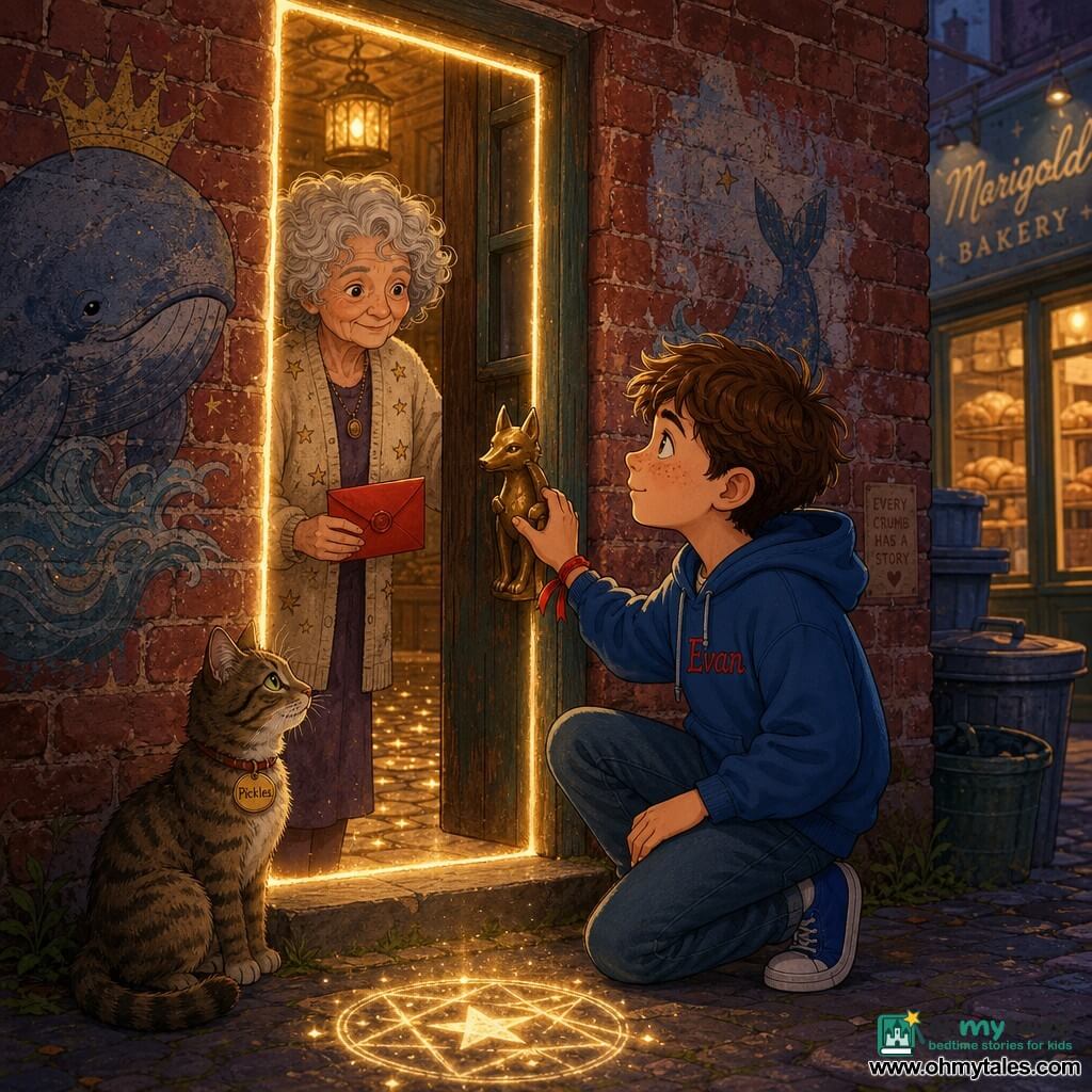 A 12-year-old boy with a round, freckled face looking brave and wonderstruck kneels before a worn red-brick wall where a luminous door outlines a rectangle of light; he wears a blue hoodie with his name embroidered in red and lightly taps a brass fox-shaped handle. An elderly woman of about 70 with curly gray hair and a beige cardigan embroidered with small stars smiles as she opens the door from the inside, holding a small wax-sealed envelope in her palm. A tabby cat named Pickles sits on the threshold to the boy’s left, tail curled and calm. A faded whale-with-a-crown mural, bins and a blurred bakery window appear to the right; inside the doorway a golden lantern glows and the cobbles sparkle like sugar. The main moment is a quiet, magical revelation: the boy hands the sealed card to the woman, the handle glows, a small circle-star chalk symbol near his shoe sparkles, and a ribbon tied to his wrist evokes his promise to return lost things.