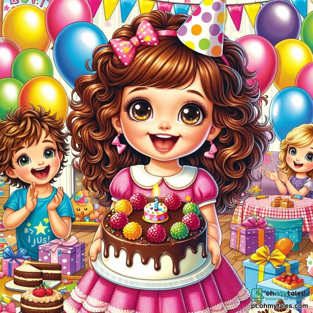 Uma menina de 4 anos, Lia, com grandes olhos brilhantes e cabelos cacheados castanhos, sorri entusiasticamente segurando um grande pedaço de bolo de chocolate nas mãos. Ela veste um bonito vestido rosa com bolinhas e um pequeno chapéu de festa colorido, cercada por balões multicoloridos que flutuam ao seu redor. Ao lado dela está Lucas, um menino de 5 anos, com cabelos loiros bagunçados e uma camiseta azul. Ele aplaude alegremente, com os olhos brilhando de excitação, enquanto segura um presente embrulhado em papel brilhante. Mais adiante, a mãe de Lia, uma mulher sorridente com cabelos longos e castanhos, observa a cena com orgulho, segurando uma bandeja de bolos. A festa acontece em uma sala acolhedora e colorida, decorada com guirlandas de papel e balões pendurados no teto. Uma grande mesa está cheia de doces, e jogos estão espalhados pelo chão. O momento principal mostra Lia, cercada por seus amigos, soprando as velas do seu bolo de aniversário, enquanto todos cantam alegremente "Parabéns".