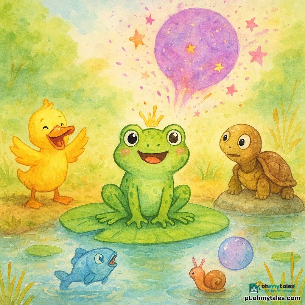 Uma rã verde chamada Lila, sorridente mas um pouco surpresa, está no centro sobre um grande nenúfar com as pernas dobradas como para saltar; sua pele é manchada de verde claro e escuro, olhos grandes e brilhantes e uma pequena coroa de água na cabeça; à esquerda, um pato amarelo chamado Pingo bate as asas e aplaude em pé na margem lamacenta, bico aberto em riso; à direita, uma tartaruga marrom, Teca, de olhos arregalados, está sobre uma pedra com a carapaça enrugada coberta de gotículas; um minúsculo caracol chamado Chiquinho, com uma cornetinha púrpura brilhante, está na borda do nenúfar perto de Lila; um peixe azul, Tilim, salta meio para fora da água perto do nenúfar olhando para uma bolha gigantesca; o lago está calmo como espelho, com nenúfares verdes, juncos dourados e uma margem herbosa salpicada de pequenas flores brancas; acima de Lila uma enorme bolha roxa explode em brilhos e pequenas estrelas cor-de-rosa que caem em chuva leve; estilo aquarela suave, cores pastel vivas, bordas levemente desfocadas e respingos controlados para um efeito mágico, expressão alegre e cena cheia de movimento.