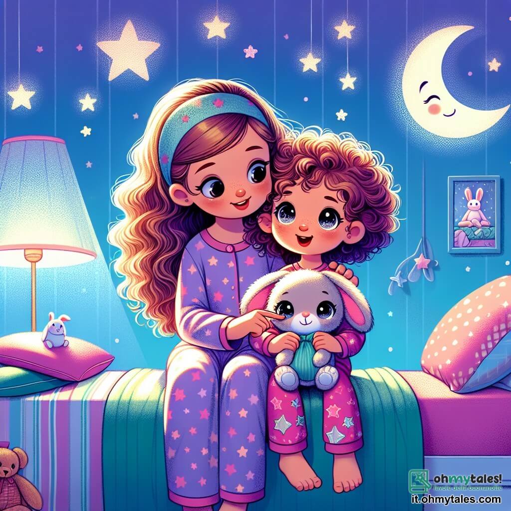 Una bambina di 7 anni, di nome Sofia, con i capelli ricci e castani e gli occhi scintillanti, è seduta sul suo letto, con un sorriso radioso sul volto. Tiene tra le braccia un peluche a forma di coniglio, chiamato Bianchino, con grandi orecchie e un dolce sorriso. Sofia indossa un pigiama rosa a stelle, e la sua espressione mostra curiosità e meraviglia. Accanto a lei, la mamma, una donna di circa trent'anni con capelli lunghi e castani, è seduta sul bordo del letto. Sorride dolcemente a Sofia, tenendo una piccola lampada a forma di luna che illumina delicatamente la stanza. La presenza rassicurante della mamma aggiunge calore all'atmosfera. La scena si svolge nella camera di Sofia, decorata con colori vivaci, con muri dipinti di azzurro chiaro e stelle fluorescenti attaccate al soffitto. Una dolce luce emana dalla lampada a forma di luna, proiettando ombre danzanti sui muri e creando un'atmosfera magica e confortante. Sofia e la sua mamma raccontano storie sotto la luce della lampada, trasformando la paura del buio in un'avventura piena di magia e immaginazione. La stanza è piena di giocattoli colorati, e una finestra aperta lascia intravedere un cielo stellato, aggiungendo un tocco di mistero alla scena.