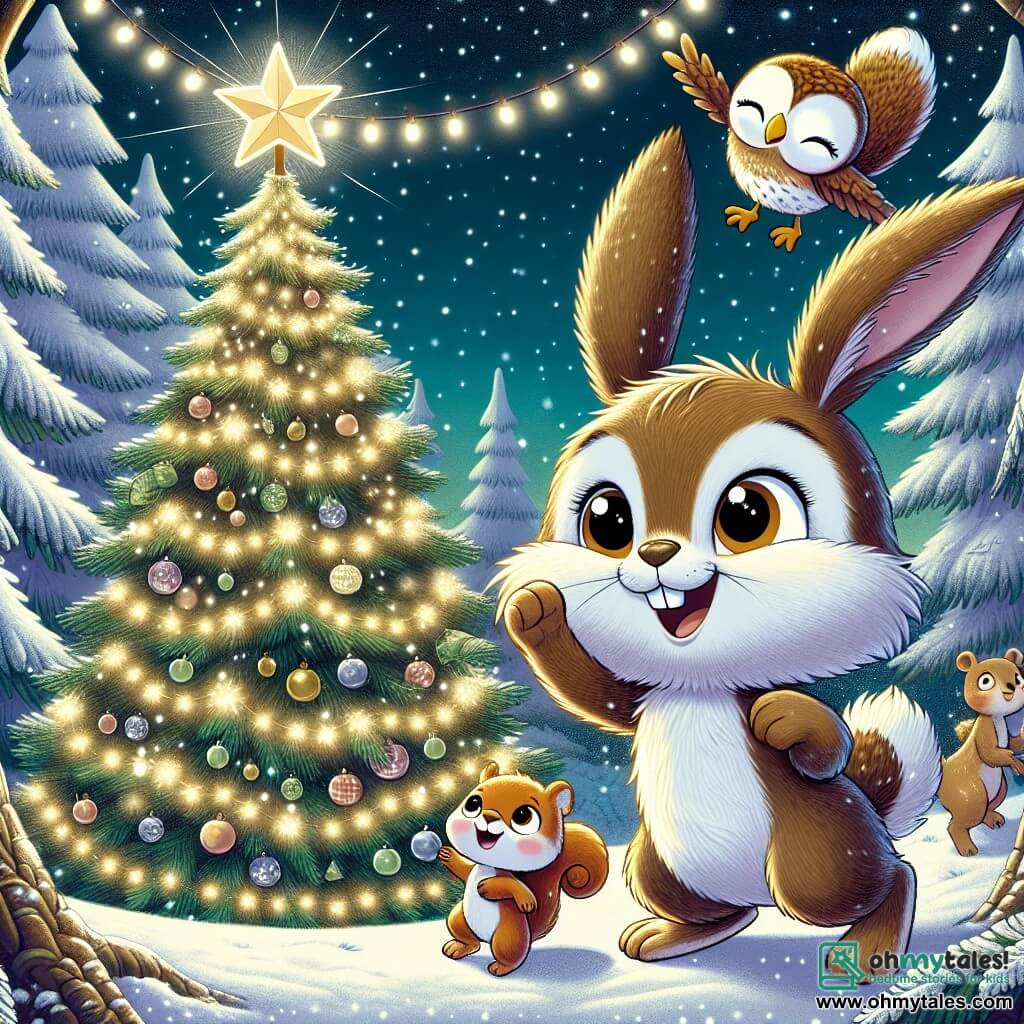 In the center of the image, Benny, a small rabbit with big ears and soft brown fur, stands on his hind legs, his eyes shining with excitement and a big smile on his face. He holds a sparkling star in his little paws, ready to place it on top of a majestic Christmas tree. Next to him, Carla, a mischievous squirrel with a bushy tail and sparkling eyes, jumps for joy, her little paws raised in the air, while Oliver, a wise owl with round glasses, observes the scene attentively, his white and brown feathers contrasting with the snowy background. The setting is an enchanted forest covered in a thick layer of shimmering snow, with trees adorned with twinkling lights and snowflakes gently falling from the starry sky. The main scene shows Benny and his friends decorating the large Christmas tree, their faces lit up by the magic of the moment, as the star on top begins to shine brightly, illuminating the entire forest with its golden light.