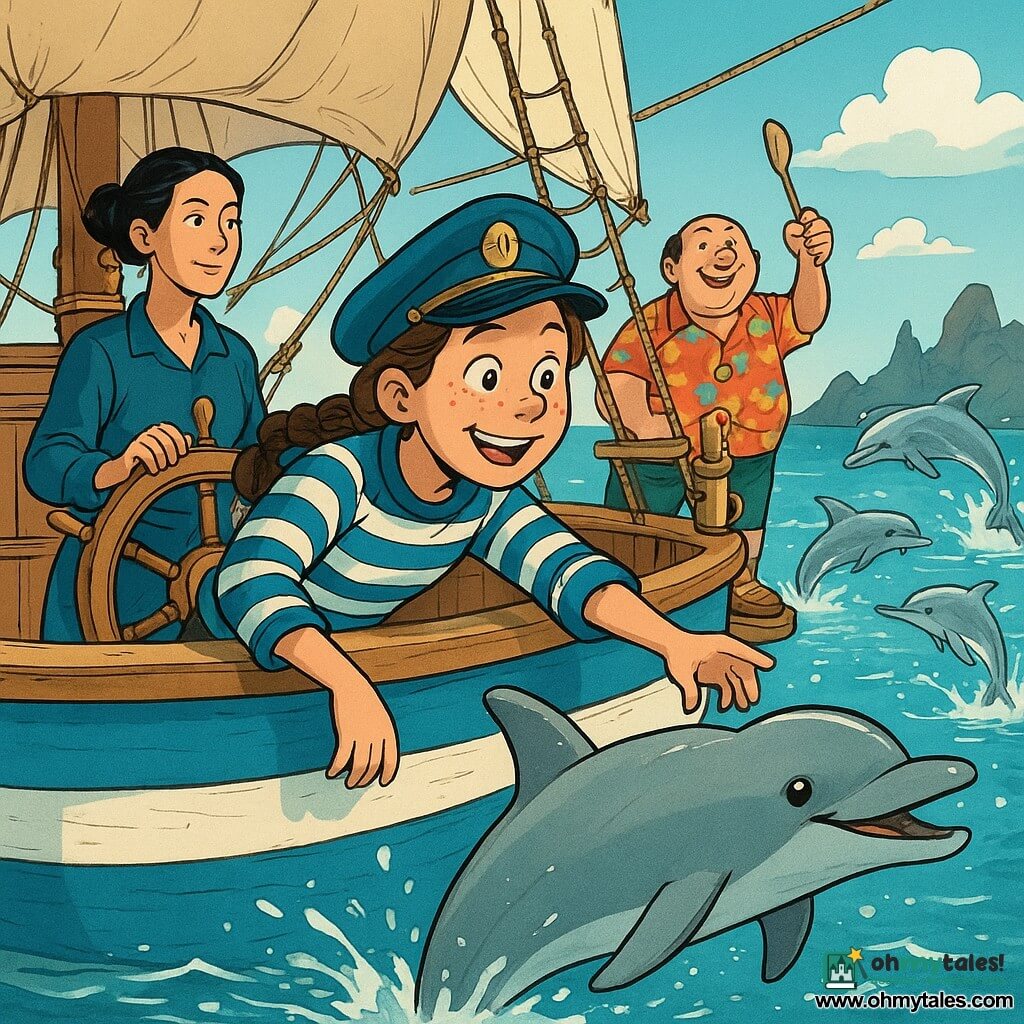 The scene shows Captain Mira, a confident 12-year-old girl with freckles and tangled brown braids, leaning over the rail with her hand out to a silver dolphin; to her right Pip, a lively 9-year-old blond boy, laughs and points from a barrel, to her left Jun, a calm 35-year-old first lieutenant with tied black hair, grips the wheel, and at the stern Bongo Bill, a round cheerful middle-aged man, waves a spoon like a baton; they stand on a small blue-and-white wooden ship with light planks, beige sails and warm pirate details, surrounded by sparkling water and arcing dolphins, dark reef silhouettes receding behind, conveying a joyful, triumphant mood after passing a dangerous channel, in a clean-lined, subtly shaded Franco-Belgian comic style with saturated colors and expressive details.