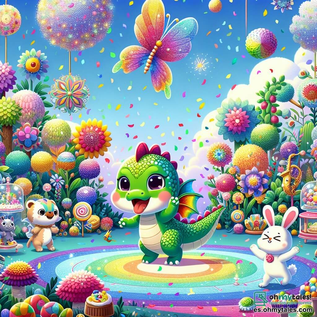 Ilustración de un pequeño dragón con escamas verdes brillantes y ojos chispeantes de alegría. Tiene grandes alas coloridas y una pequeña cola que se agita de emoción. El dragón baila alegremente en una pista de baile, rodeado de confeti colorido. Junto a él, una mariposa de alas multicolores revolotea con una sonrisa radiante, añadiendo un toque de magia a la escena. Un pequeño conejo de grandes orejas y pelaje blanco salta con entusiasmo, mostrando una expresión de felicidad. Una tortuga con un caparazón decorado con patrones coloridos aplaude suavemente al ritmo, mostrando satisfacción. El lugar principal es un jardín encantado, lleno de flores brillantes, grandes árboles con hojas brillantes y un cielo azul con nubes blancas esponjosas. En el centro, una gran pista de baile está rodeada de guirnaldas luminosas y globos flotantes. La situación principal muestra al dragón y sus amigos bailando juntos, celebrando el carnaval con risas y movimientos alegres. El confeti cae a su alrededor, creando una atmósfera festiva y mágica. Otros elementos gráficos incluyen instrumentos musicales coloridos, puestos de dulces al fondo y niños divirtiéndose, añadiendo a la atmósfera alegre y animada de la fiesta.