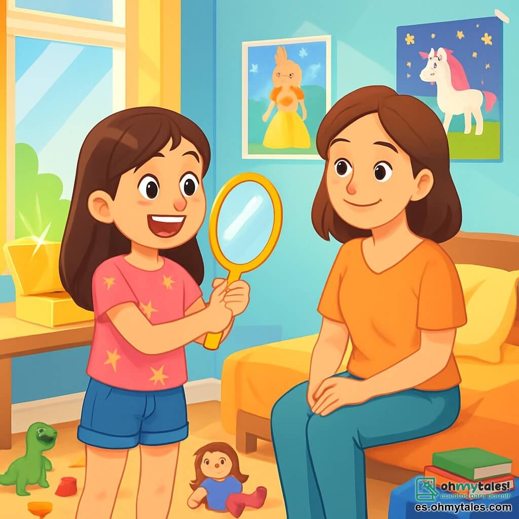 Una niña de 8 años, con largos cabellos castaños y ojos llenos de curiosidad, está de pie en su habitación, sonriendo. Lleva una camiseta rosa con estrellas y un short de mezclilla, sosteniendo un espejo brillante en sus manos, con expresión de sorpresa y alegría. A su lado, su madre, una mujer de unos 35 años, con cabello castaño y ojos dulces, está sentada en la cama, luciendo orgullosa y alentadora, sonriendo a su hija. La habitación es luminosa y acogedora, con paredes pintadas de azul pastel, carteles de cuentos de hadas y juguetes de colores en el suelo. Una ventana deja entrar la luz del sol, iluminando una caja amarilla brillante en el escritorio. La escena principal muestra a la niña descubriendo su propia imagen en el espejo, rodeada del amor y apoyo de su madre, en un momento de descubrimiento y emoción alegre.