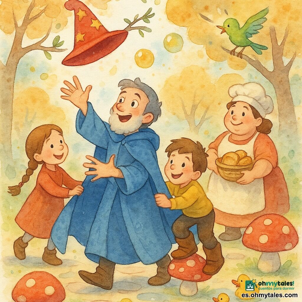 Un mago llamado Tomás, sorprendido y alegre, con capa larga azul y túnica de motivos discretos, estira la mano para alcanzar un gran sombrero puntiagudo rojo decorado con estrellas doradas que flota sobre una rama; una niña de unos 7 años con largas trenzas marrones sonriente y concentrada sostiene la capa detrás de él; un niño de unos 8 años con grandes botas marrones hace un pequeño escalón humano en primer plano para apoyar a Tomás; una panadera de unos 35 años, de aspecto redondeado y amable, sostiene una pequeña cesta de panes y vigila tres patitos de jabón junto a sus pies; un pajarito verde vivo posado en la rama bate las alas y observa la escena; el lugar es un Bosque de Setas Saltarinas con árboles de hojas redondas color galleta, grandes hongos rebotantes rojos y blancos, camino empedrado en tonos pastel y charcos brillantes; situación principal: Tomás alcanza el sombrero flotante rodeado de los niños y la panadera, burbujas amarillas con aroma a limón y tres patitos de jabón deslizándose, ambiente lúdico y mágico.