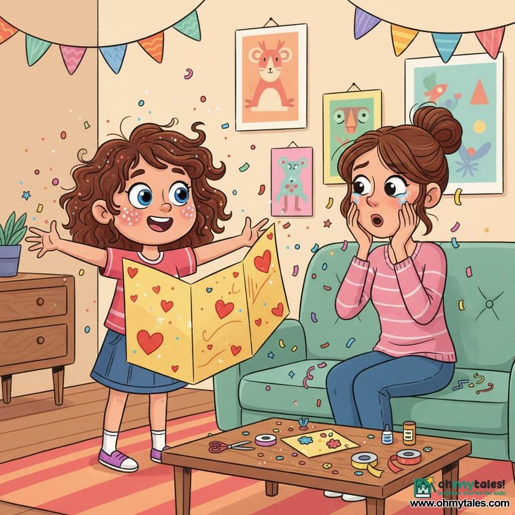 A joyful 10-year-old girl with messy curly brown hair, bright blue eyes, a round face and glitter freckles stands center with arms outstretched holding a large folded yellow card decorated with red hearts and glitter; her ~36-year-old mother, hair in a loose bun, sits on the couch to the right, surprised and tearful with hands to her face as confetti and glitter fall around her; warm colorful living room with an orange-pink striped rug, mint-green couch, handmade paper garlands, childlike posters and a coffee table strewn with glitter, scissors and ribbons; main moment: Mother's Day card revelation, festive and slightly chaotic, flying glitter, visible paper and glitter textures, clear style, bold outlines and saturated colors.