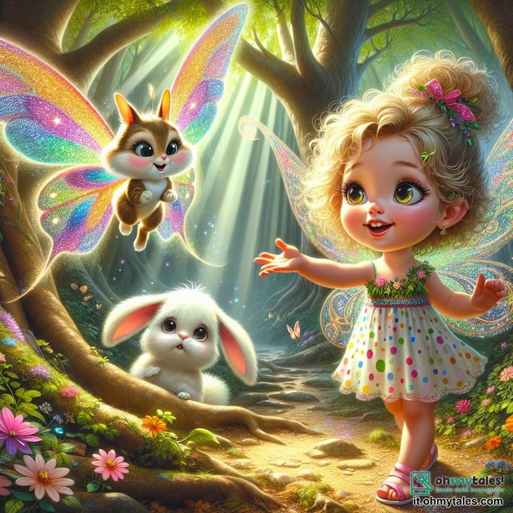 Una bambina di 2 anni, di nome Livia, si trova al centro dell'immagine, con grandi occhi brillanti e un sorriso radioso. Ha capelli ricci e dorati, indossa un vestito colorato a pois e sandali rosa. Livia guarda con meraviglia una farfalla magica che vola intorno a lei, le sue ali scintillanti nei colori dell'arcobaleno. La farfalla, con occhi luccicanti, sembra incoraggiare Livia, fluttuando appena sopra di lei. Vicino, un coniglietto dalle grandi orecchie e pelo bianco si nasconde dietro un cespuglio, osservando la scena con curiosità. Il luogo è un bosco incantato, pieno di alberi maestosi e foglie verdi lussureggianti, mentre i raggi di sole filtrano attraverso il fogliame, creando motivi luminosi sul terreno. Fiori colorati punteggiano il suolo, aggiungendo un tocco di magia all'ambiente. La scena principale mostra Livia, piena di coraggio, che tende la mano verso il coniglietto per incoraggiarlo a uscire dal suo nascondiglio, mentre la farfalla volteggia gioiosamente intorno a loro, illuminando il momento con la sua luce magica.