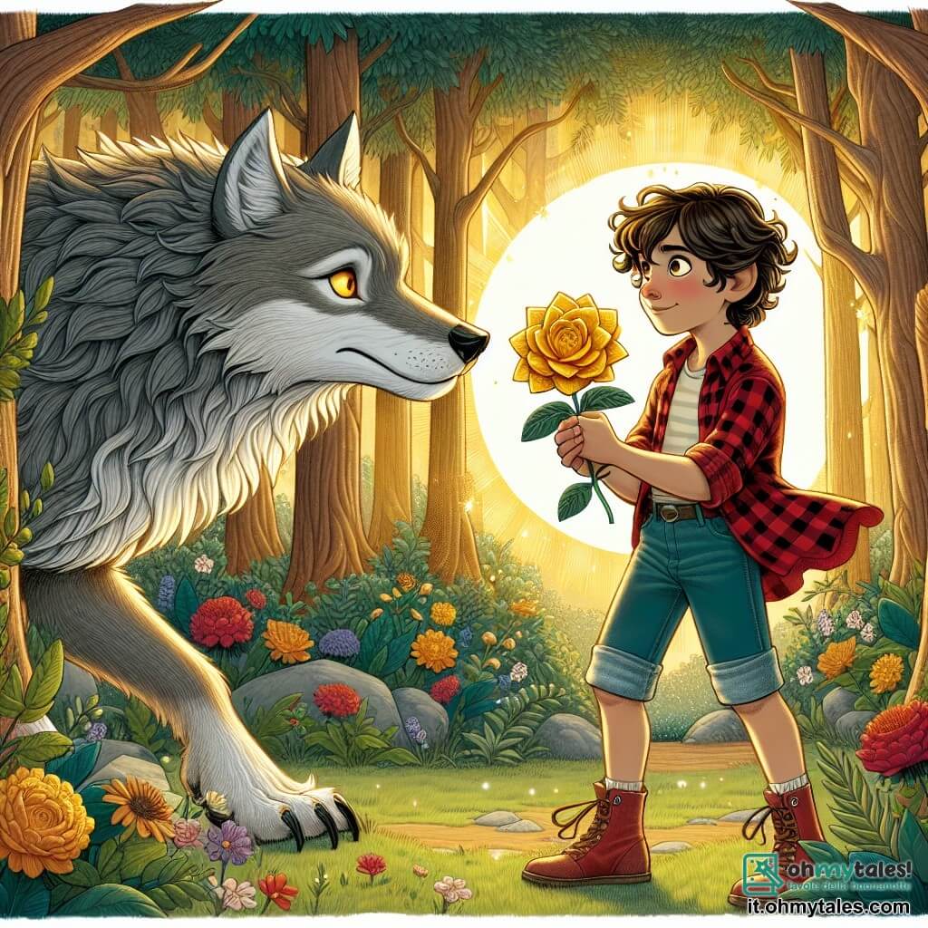 Un ragazzo di 12 anni, Leo, si trova coraggiosamente al centro della scena, con capelli ricci e occhi brillanti di determinazione. Indossa una camicia a quadri rossa e pantaloni corti di jeans, e tiene in mano un bellissimo fiore dorato, pronto a regalarlo. Accanto a lui, il grande lupo cattivo, con il pelo grigio e occhi luminosi come carboni ardenti, si trova a breve distanza, la sua espressione passa dalla diffidenza all'incanto. Ha una statura imponente, ma il suo sguardo mostra una luce di curiosità e speranza. La scena si svolge in una foresta incantata, dove grandi alberi dai tronchi nodosi si ergono verso il cielo, le loro foglie filtrano la luce del sole in dolci raggi dorati. Fiori colorati e cespugli lussureggianti circondano i personaggi, creando un'atmosfera magica e accogliente. Leo, con un cuore puro, si prepara a liberare il lupo dalla sua maledizione offrendogli il fiore della speranza, simboleggiando il loro incontro unico e l'inizio di un'amicizia improbabile.