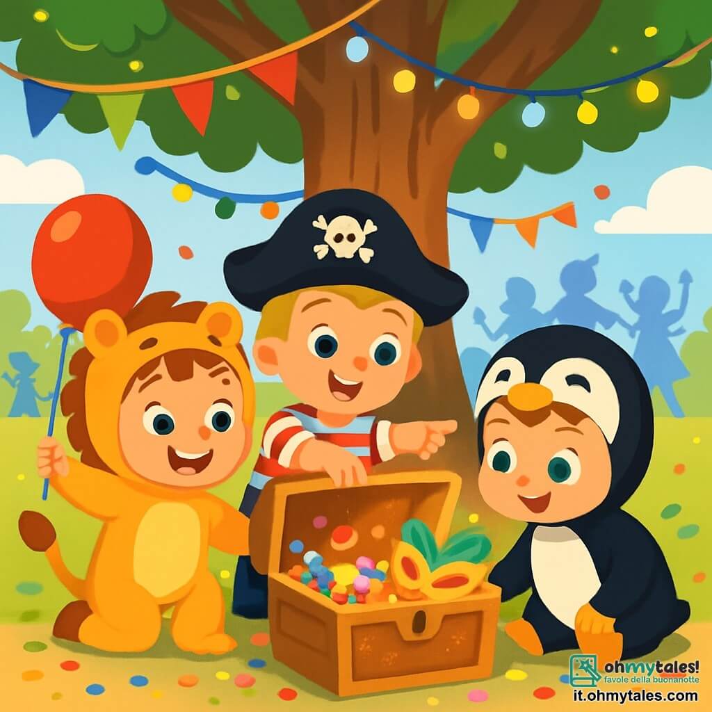 Ci sono 3 personaggi: - Leo: un bambino di quasi 3 anni, con capelli castani e occhi scintillanti. Indossa un costume da leone giallo e arancione, e sorride felicemente tenendo un palloncino rosso. - Marco: un bambino di quasi 3 anni, con capelli biondi e occhi blu. È travestito da pirata con un cappello nero e una camicia a righe, e fa un gesto di scoperta indicando l'albero. - Luca: un bambino di quasi 3 anni, con capelli castani e occhi verdi. È vestito da pinguino con un costume bianco e nero, ed è seduto per terra, guardando la scatola del tesoro con meraviglia. I tre amici si trovano sotto un grande albero maestoso, decorato con ghirlande colorate e luci scintillanti. Il terreno è coperto di coriandoli multicolori e di caramelle che brillano al sole. Sullo sfondo, si vedono persone in costumi festivi che ballano e si divertono, creando un'atmosfera gioiosa. La scena principale mostra i tre amici mentre aprono una grande cassa scintillante piena di caramelle colorate e maschere di carnevale. Sono circondati da risate e gioia, con lampi di luce che illuminano la loro scoperta magica.