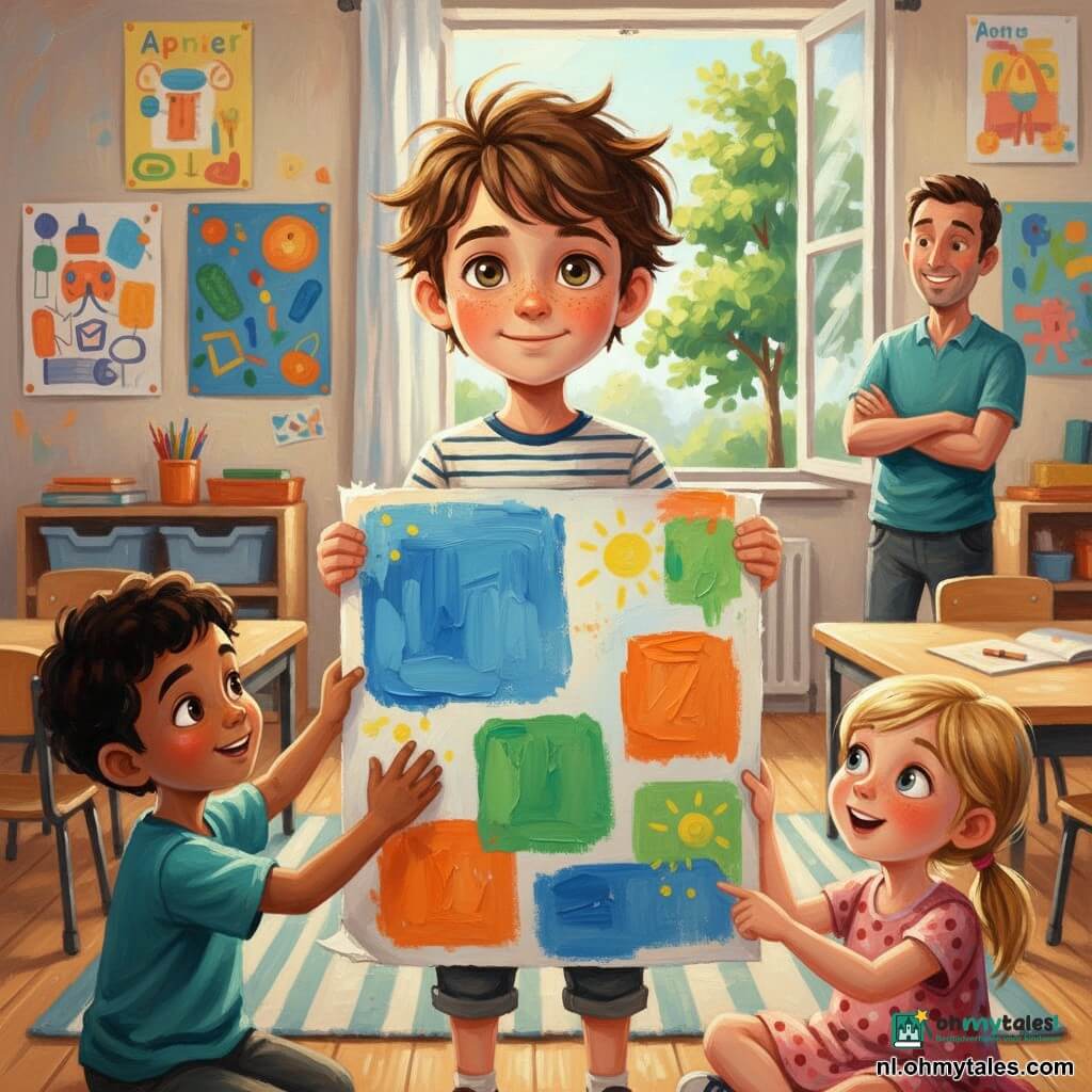 Joris (8) kijkt trots naar zijn grote, kleurrijke poster — bruin haar in de war, taches de rousseur, noisette ogen — hij houdt de poster met beide handen en sourit légèrement; rechts zit Lotte (7), blonde met couettes en robe à pois, elle pointe un mot orange en s'émerveillant; à gauche, Karim (8), peau mate et cheveux noirs courts, touche un coin de la poster, curieux; à l'arrière, le maître Pieter (≈35) souriant et bienveillant, bras croisés, observe depuis le coin de la classe; salle de classe ensoleillée avec tables en bois clair, affiches éducatives, tapis rayé et fenêtre sur un arbre; poster vive avec lettres épaisses en bleu, orange et vert, petits soleils jaunes à côté des mots difficiles, coins froissés et tâches de crayon; rendu peintures acryliques à coups de pinceau visibles, palette lumineuse et contrastes nets.