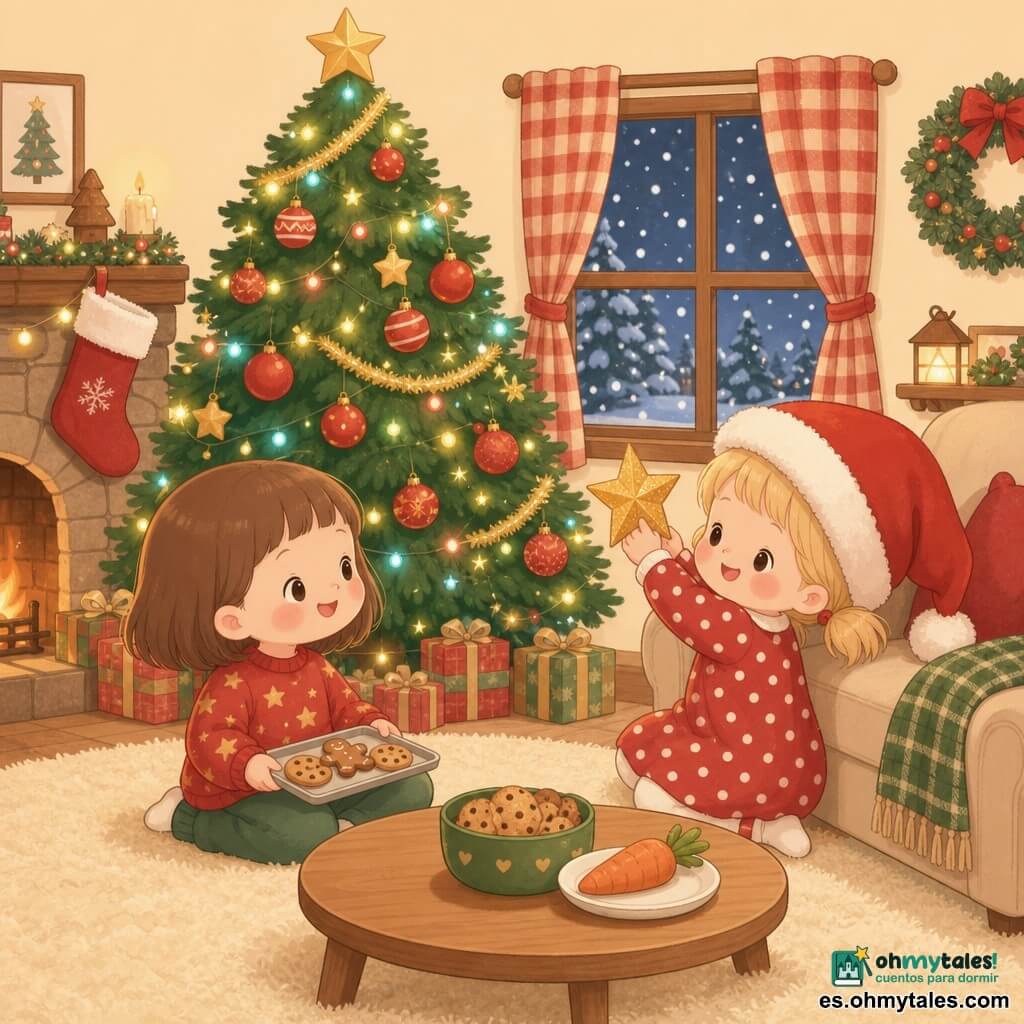 Hay dos niñas de 3 años: a la izquierda, una niña de cabello castaño corto con flequillo, mejillas sonrosadas, suéter rojo con estrellas doradas y pantalón verde, sentada frente al árbol sosteniendo una bandeja con tres galletas y sonriendo a la otra; a la derecha, una niña rubia con coletas, gorro de Papá Noel rojo grande y vestido de lunares, sentada junto a un sillón mostrando una estrella dorada de papel hacia la ventana. Están en un salón navideño cálido con moqueta crema, un gran árbol decorado con bolas rojas, guirnaldas doradas y luces multicolores, chimenea de piedra con un gran calcetín rojo, mesa baja con un bol de galletas y una zanahoria, y una ventana con cortinas a cuadros y vista de nieve. Las niñas decoran y preparan la casa: revisan las luces del árbol, colocan las galletas en la bandeja y ponen la estrella cerca de la ventana; ambiente tierno, sonrisas cómplices y tonos rojo, verde y dorado, composición centrada en el árbol y las dos niñas sentadas frente a frente.