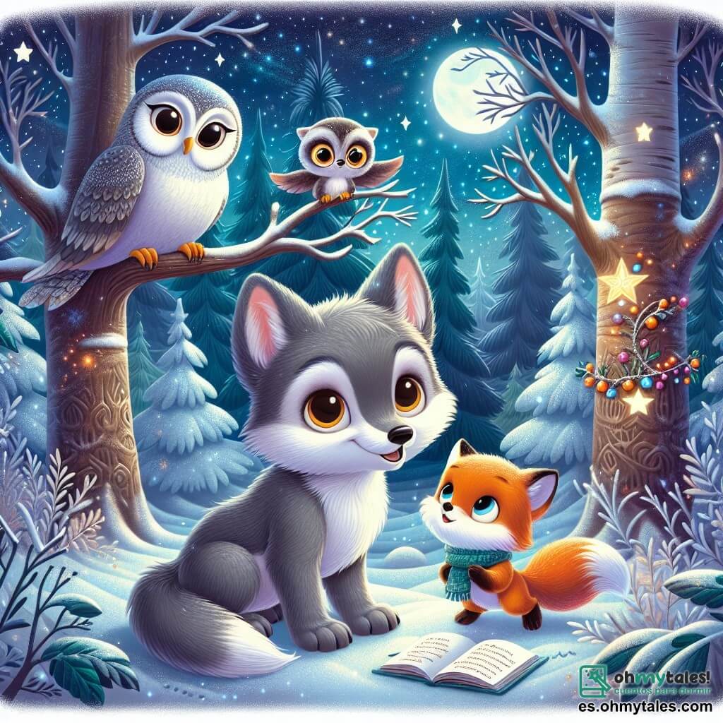 Un pequeño lobo llamado Lucas, con un suave pelaje gris y ojos brillantes de curiosidad, está en el centro de la escena, con una mirada maravillada y una radiante sonrisa. Está rodeado de copos de nieve que caen suavemente, creando una atmósfera mágica. A su derecha, un astuto zorrito llamado Rafa, con pelaje naranja brillante y una cola esponjosa, observa a Lucas con una sonrisa cómplice, sus ojos chispeantes de emoción. Sostiene una pequeña guirnalda de bayas que está a punto de colgar en un árbol. A la izquierda, la sabia lechuza Doña Clara, con plumas blancas y marrones y gafas redondas, está posada en una rama, mirando la escena con benevolencia, sus ojos brillantes de inteligencia y dulzura. Está hojeando un libro de cuentos, lista para compartir una historia mágica. El decorado es un hermoso paisaje invernal, con árboles majestuosos cubiertos de nieve brillante, un cielo estrellado y una suave luz de luna que ilumina la escena. La situación principal muestra a Lucas, Rafa y Doña Clara preparando juntos una fiesta de Navidad, rodeados de decoraciones hechas a mano, guirnaldas de bayas y risas, capturando el espíritu de compartir y alegría de la temporada.