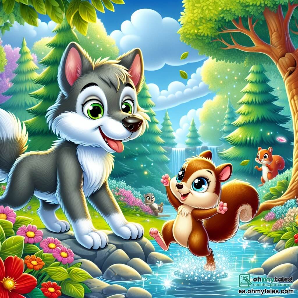 Un lobo llamado Leo, con un pelaje suave y gris, y ojos brillantes de determinación, se encuentra al borde de un arroyo centelleante, listo para ayudar a su novia. A su lado, una ardilla llamada Sofía, con un pelaje rojizo y ojos chispeantes de alegría, salta de felicidad, sosteniendo una pequeña nuez mágica entre sus patas. El escenario es un hermoso bosque encantado, con árboles majestuosos de brillantes hojas verdes, flores coloridas que bailan al viento y un cielo azul salpicado de nubes esponjosas. La situación principal muestra a Leo y Sofía celebrando su victoria tras haber encontrado la nuez mágica, rodeados de la belleza de la naturaleza, simbolizando la amistad y la aventura.
