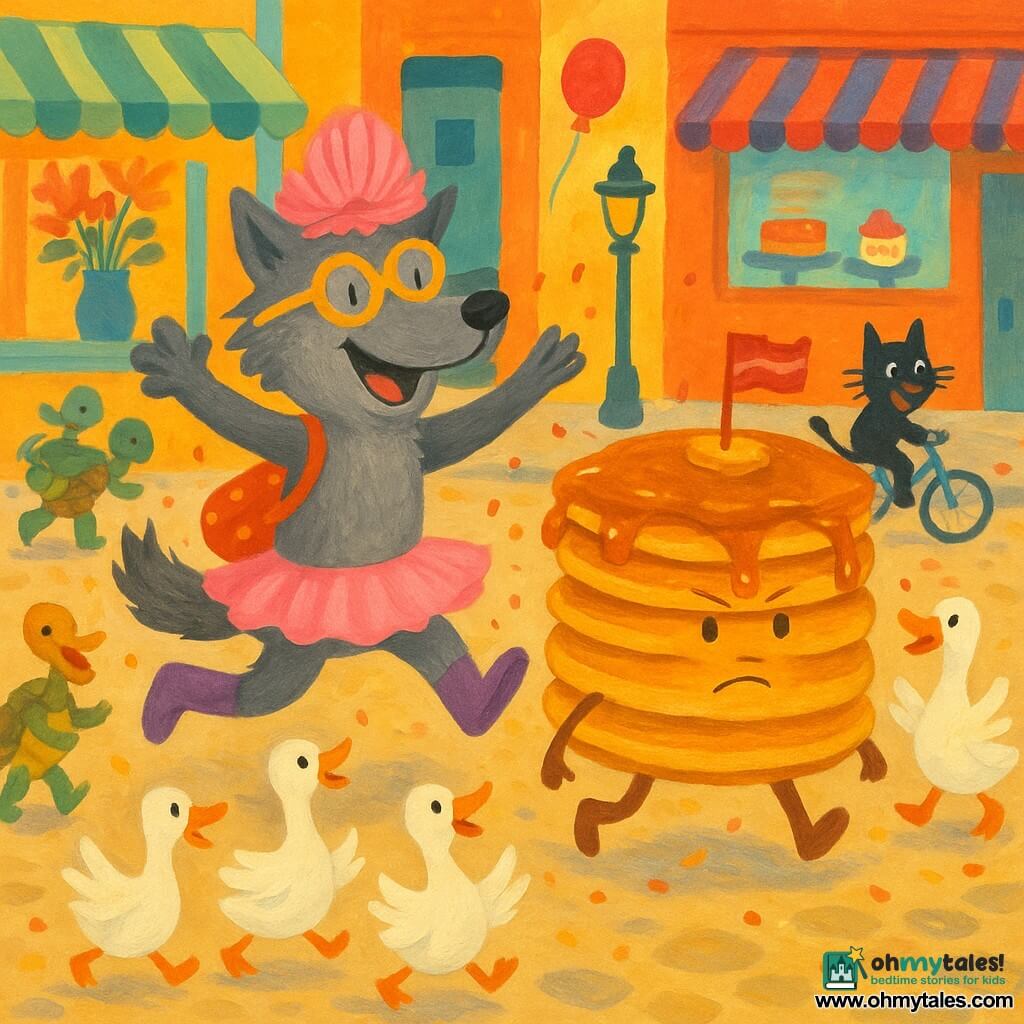 A mischievous little gray wolf wearing purple socks, a red polka-dot satchel and upside-down egg-shaped sunglasses with a pink tutu on its head, a squeaky toy on its tail and a large spoon stuck to its back, floats above cobblestones smiling as a serious-but-mischievous golden pancake stack with a maple-syrup scarf and bacon flag leads a whimsical pancake parade; laughing white geese dance in a circle while tap-dancing turtles and a bicycle-riding cat watch in a colorful town square with hat-topped lampposts, balloons, a flower shop and a pastry window, syrup splashes and confetti everywhere.