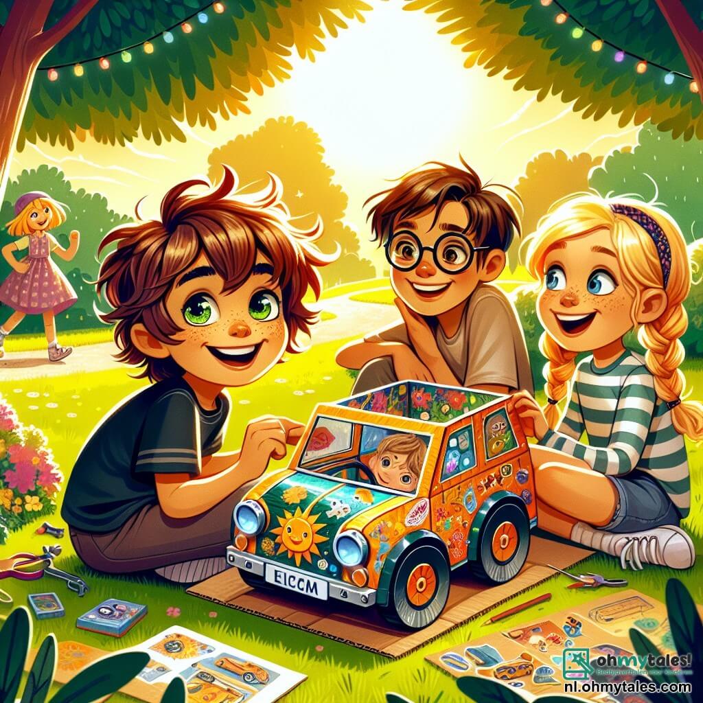 Een 12-jarige jongen, Lucas, met rommelig bruin haar en nieuwsgierige ogen, zit op het groene gras van het park met een grote glimlach op zijn gezicht, terwijl hij een kartonnen modelauto in felle kleuren vasthoudt. Naast hem observeert Emma, een 11-jarig meisje met gevlochten blond haar en ronde bril, het model aandachtig met een bewonderende blik, terwijl Sam, een 12-jarige jongen met kastanjebruin haar en een gestreept t-shirt, lacht terwijl hij grappige stickers op de auto plakt. Het park is verlicht door het gouden zonlicht, met loofbomen en kleurrijke bloemen die zachtjes dansen in de wind. Op de achtergrond is een groep kinderen te zien die spelen en lachen, wat een vrolijke sfeer aan de scène toevoegt. Lucas, Emma en Sam werken samen aan hun uitvinding, vol enthousiasme en creativiteit, klaar om hun zonne-energieauto voor te stellen tijdens een wedstrijd op het zomerkamp.