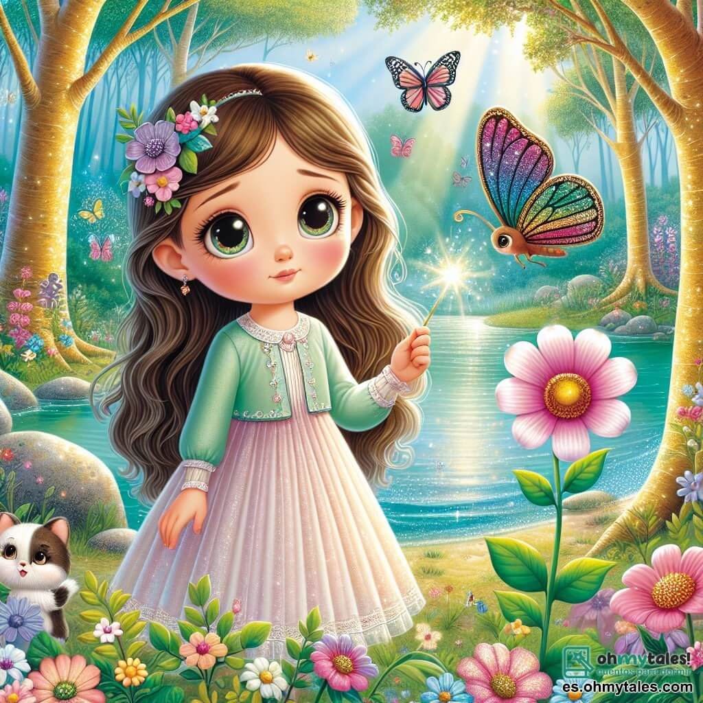 Una niña, Lucía, de unos 8 años, con largos cabellos castaños y ojos llenos de curiosidad, está al borde de un lago brillante. Lleva un vestido ligero de colores pastel y su rostro irradia alegría y emoción. Junto a ella, una pequeña flor de pétalos rosas, inclinada, parece triste y sedienta. Más lejos, una mariposa de alas multicolores, con patrones brillantes, está posada sobre una hoja, mirando a Lucía con esperanza. El entorno es un hermoso bosque encantado, lleno de árboles de troncos dorados y hojas verde esmeralda, con rayos de sol filtrándose a través de las ramas. Flores coloridas y mariposas bailan a su alrededor, creando una atmósfera mágica. La escena principal muestra a Lucía usando su varita mágica para ayudar a la flor sedienta, llevándole agua, mientras la mariposa espera ansiosamente ayuda para sus alas.