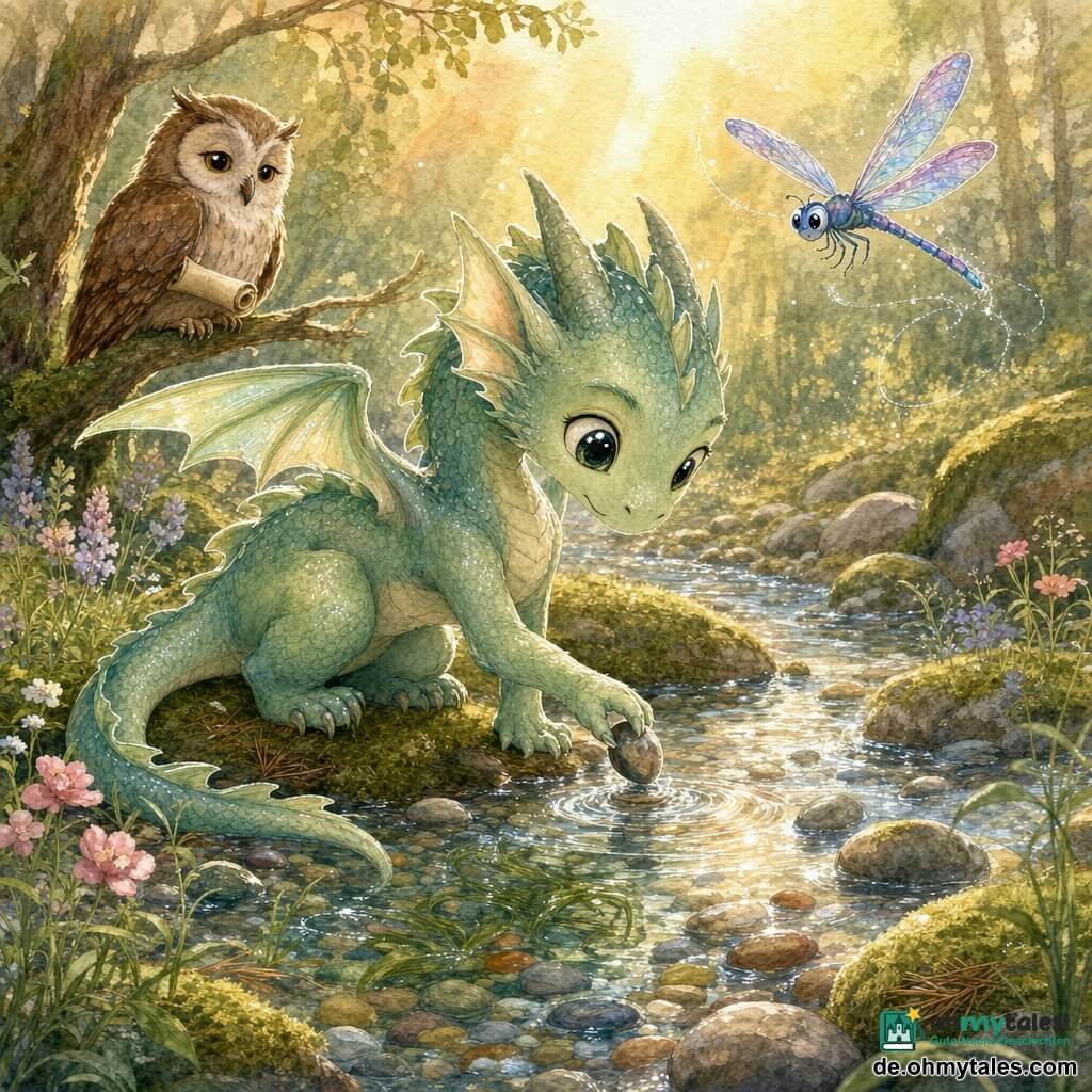 Ein blassgrüner Walddrache mit feinen Schuppen, großen glänzenden Augen und kleinen durchscheinenden Flügeln kniet am Ufer eines klaren Baches und legt lächelnd einen Kiesel ins Wasser; rechts kreist eine irisierende Libelle mit blauen und violetten Flügeln fröhlich über ihm, links sitzt eine weise braun-weiße Eule auf einem niedrigen Ast und beobachtet sanft, eine kleine, gerollte Pergamentrolle unter ihrer Kralle; der Bach schlängelt sich im Vordergrund, transparentes Wasser mit silbernen Reflexen, bunte Kiesel auf dem Grund und zartgrüne Wasserpflanzen, die Ufer mit samtiger Moosdecke, glatten Steinen, pastellenen Wildblumen und ein paar Kiefernnadeln, goldenes Abendlicht in feinen Strahlen; ruhige, verantwortungsbewusste Szene eines ökologischen Entscheidungs-moments, bei dem der Drache die meisten Kiesel zurückgibt, um die Pflanzen zu schützen, hervorgehoben durch eine zentrierte Komposition und sanfte Farben; Stil: leichte Aquarellmalerei mit sichtbarer Papierstruktur, weiße Gelstift-Highlights auf Wasserreflexen und Augen, warme, pädagogische Atmosphäre.