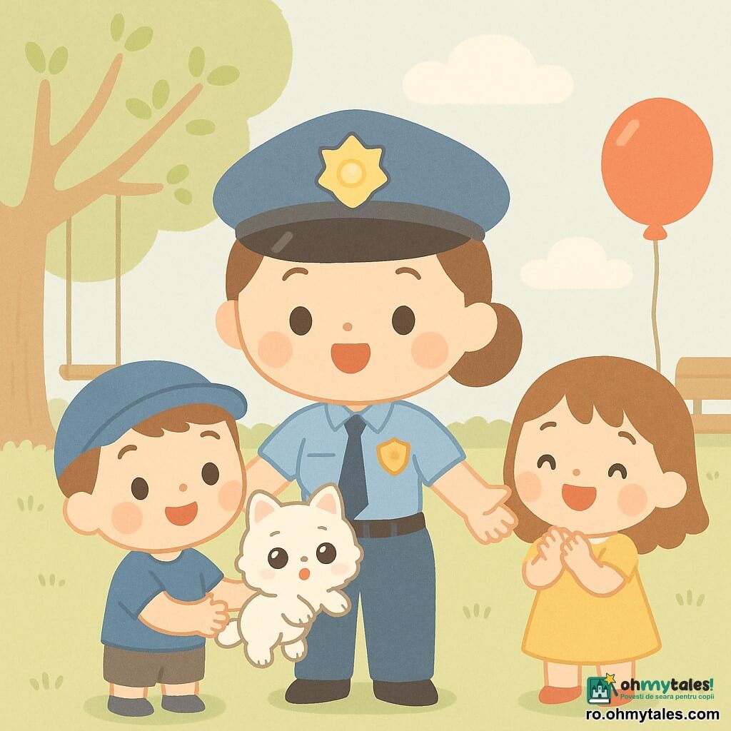 O polițistă zâmbitoare și binevoitoare cu păr brun prins, îmbrăcată în uniformă albastru deschis, întinde brațele pentru a prinde un pisoi alb; în fața ei, un băiat de circa 6 ani cu șapcă albastră ține pisoiul la piept și zâmbește, iar o fetiță de aproximativ 4 ani în rochie galbenă, cu un balon roșu la încheietură, aplaudă; pisoiul este mic, cu blana pufoasă albă și ochi mari; scena are loc într-un parc însorit cu iarbă verde, un copac mare, leagăn și o bancă, cer pal albastru cu câteva nori, atmosferă caldă, culori pastel, forme rotunjite și trăsături simple.